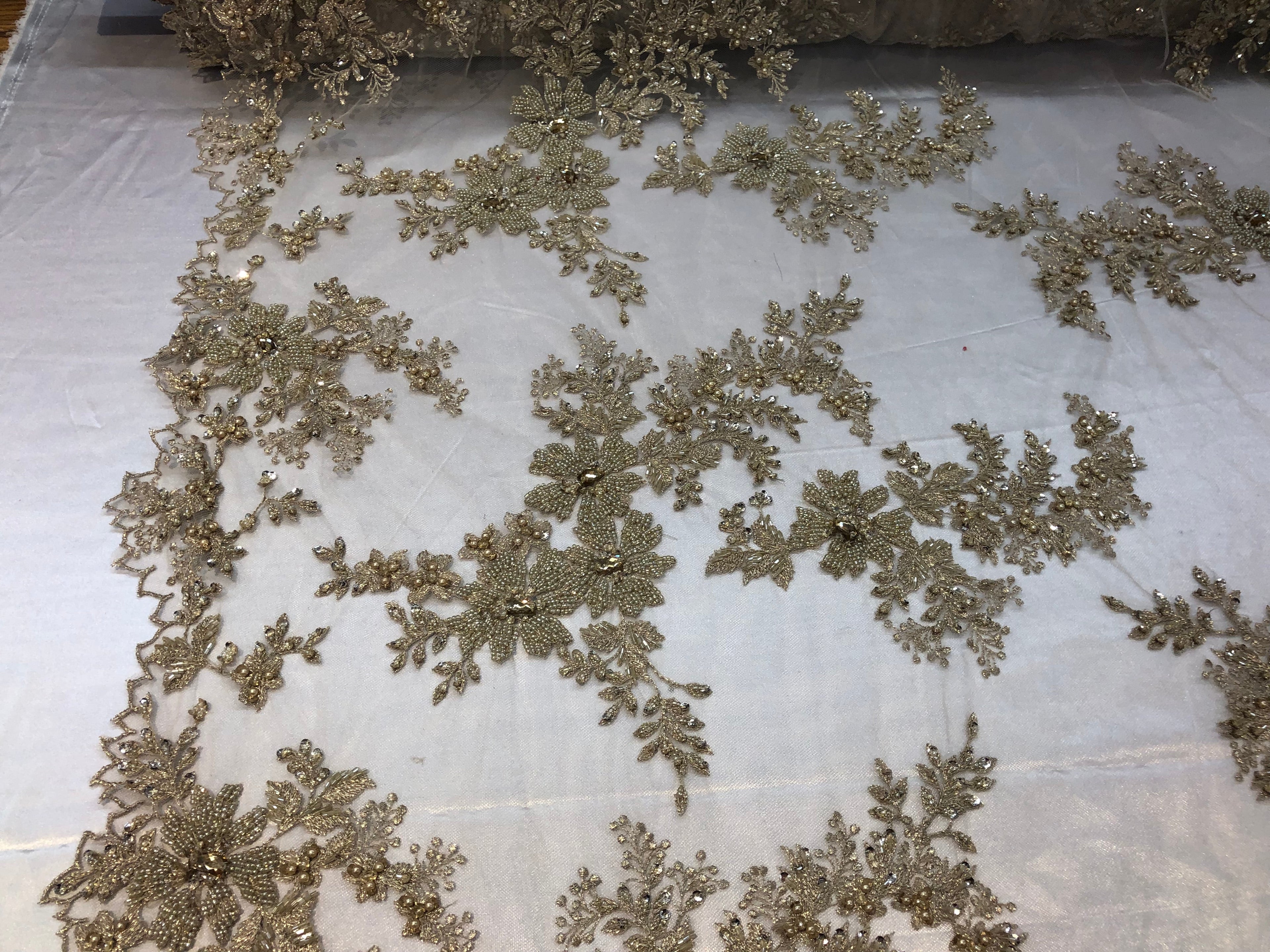 Beaded Fabric - Champagne - Embroidered Flower Lace Fabric with Beads On A Mesh Sold By The Yard