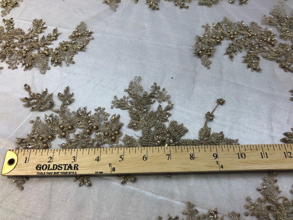 Beaded Fabric - Champagne - Embroidered Flower Lace Fabric with Beads On A Mesh Sold By The Yard