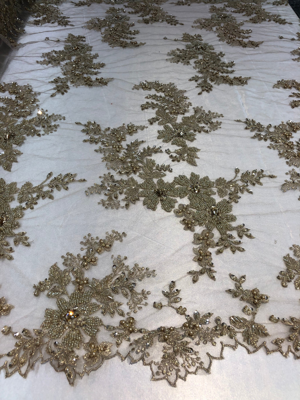 Beaded Fabric - Champagne - Embroidered Flower Lace Fabric with Beads On A Mesh Sold By The Yard