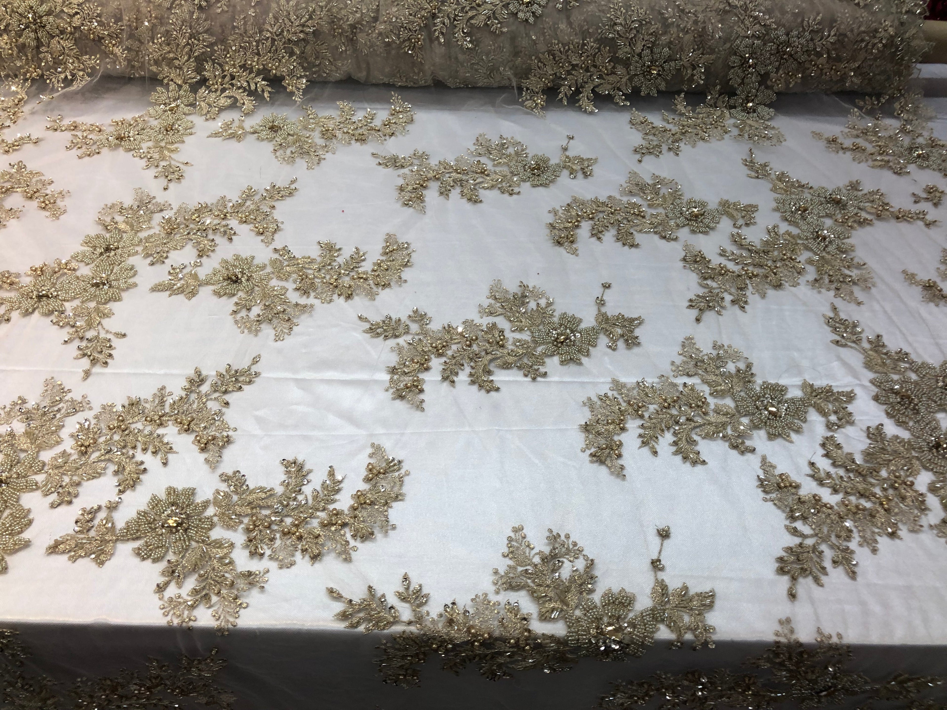Beaded Fabric - Champagne - Embroidered Flower Lace Fabric with Beads On A Mesh Sold By The Yard