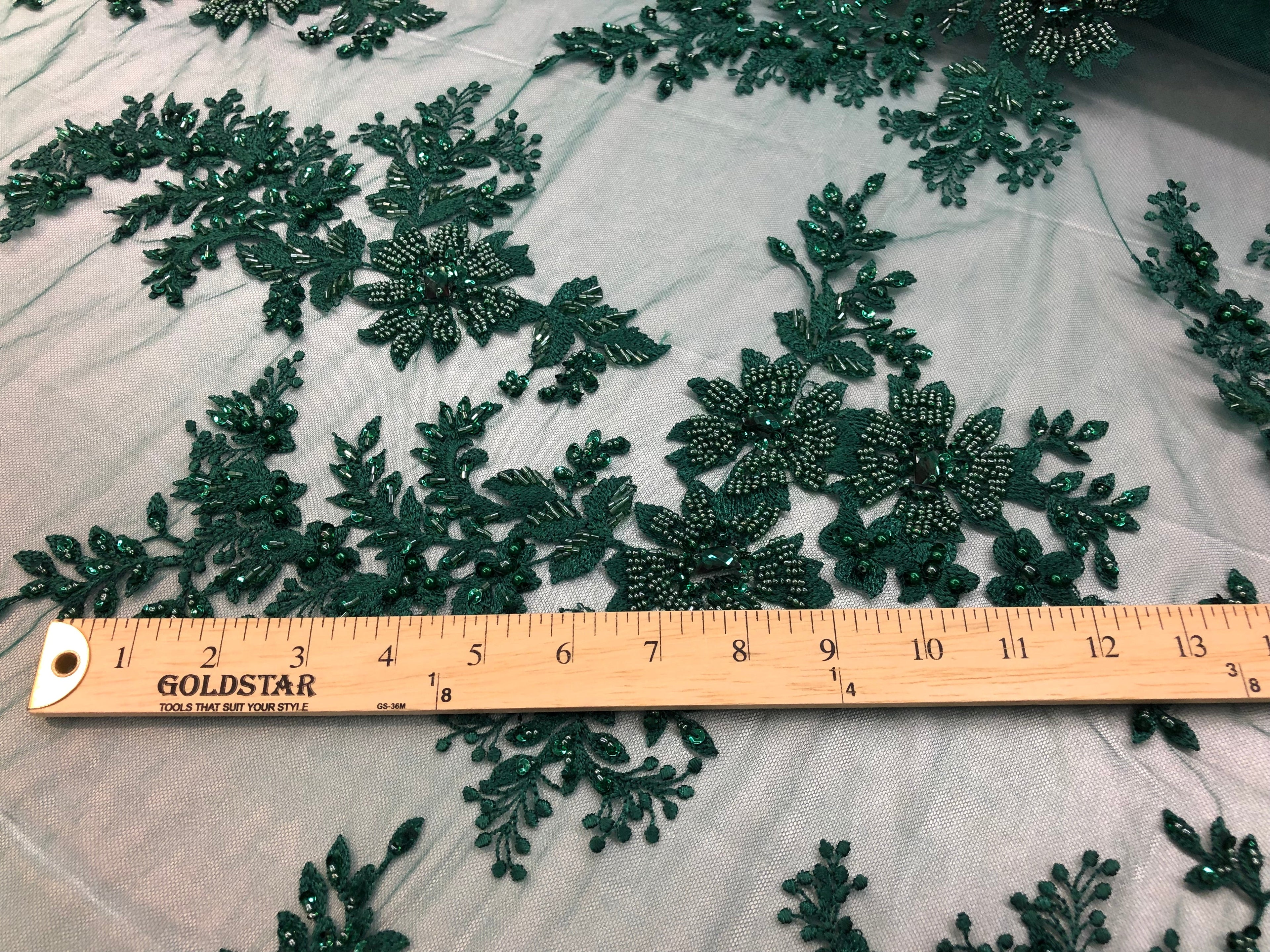 Beaded Fabric - Hunter Green - Embroidered Flower Lace Fabric with Beads On A Mesh Sold By The Yard