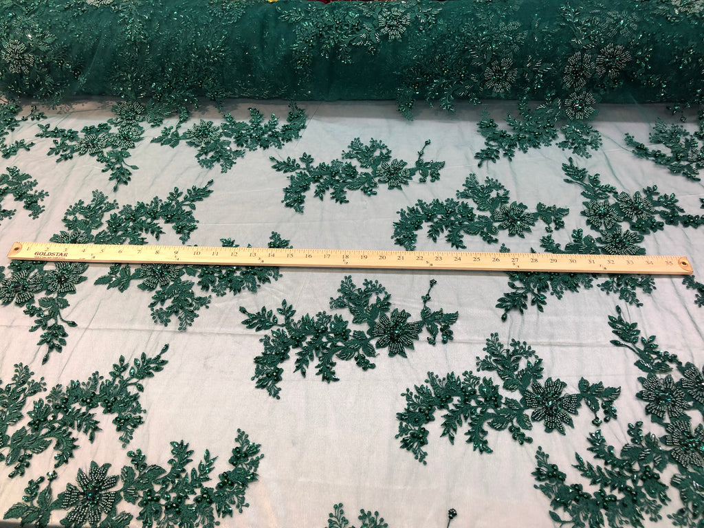 Beaded Fabric - Hunter Green - Embroidered Flower Lace Fabric with Beads On A Mesh Sold By The Yard