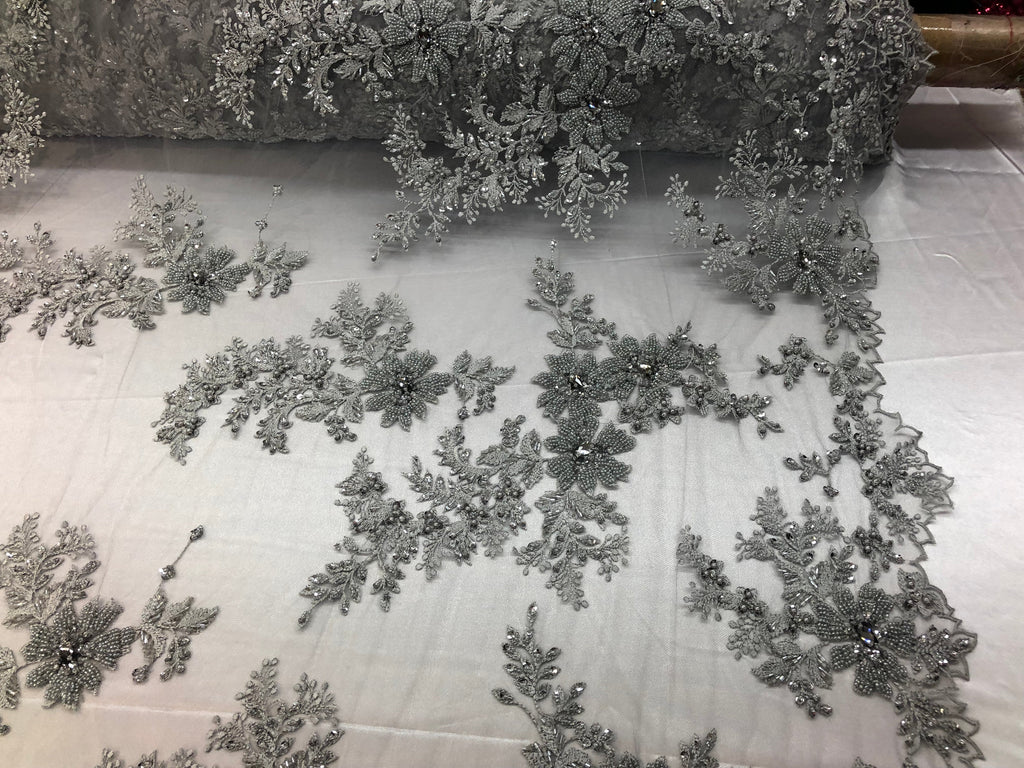 Beaded Fabric - Silver - Embroidered Flower Lace Fabric with Beads On A Mesh Sold By The Yard