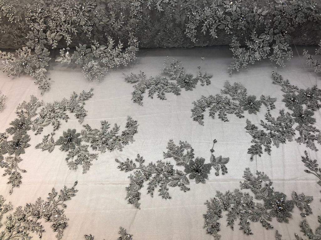 Beaded Fabric - Silver - Embroidered Flower Lace Fabric with Beads On A Mesh Sold By The Yard