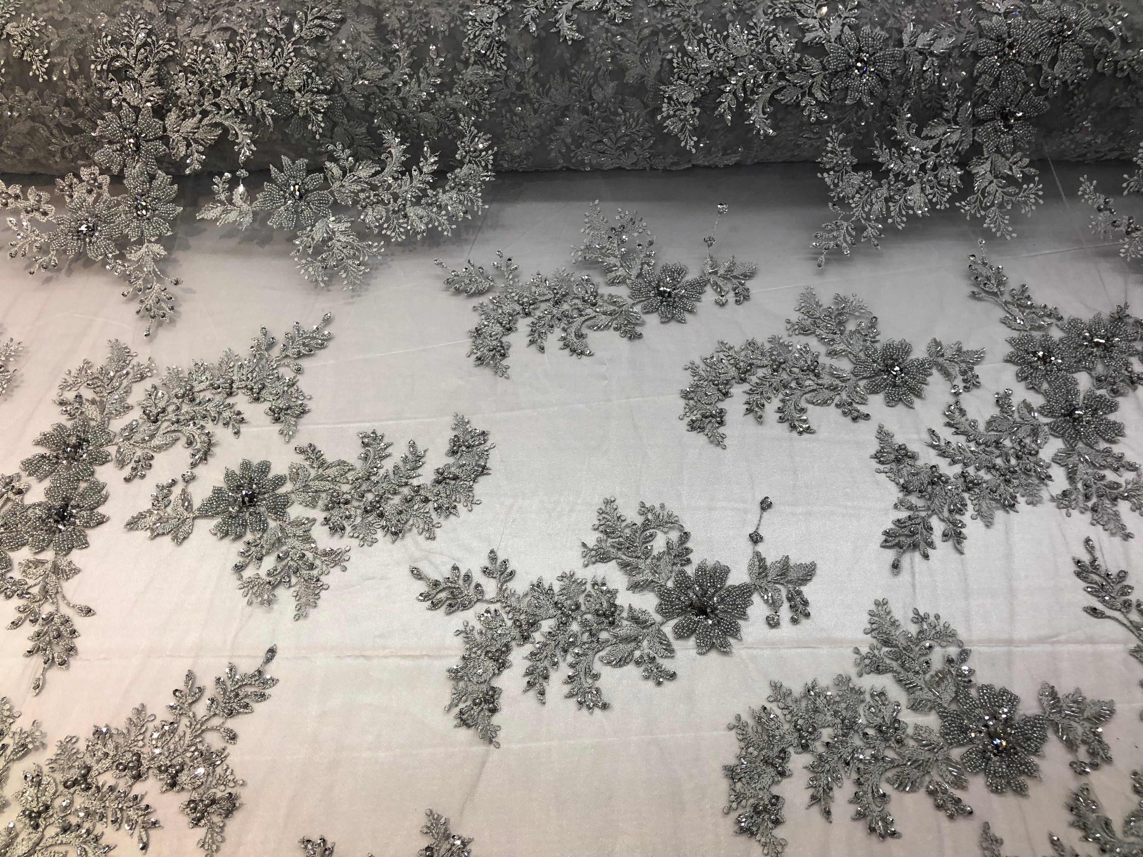 Beaded Fabric - Silver - Embroidered Flower Lace Fabric with Beads On A Mesh Sold By The Yard