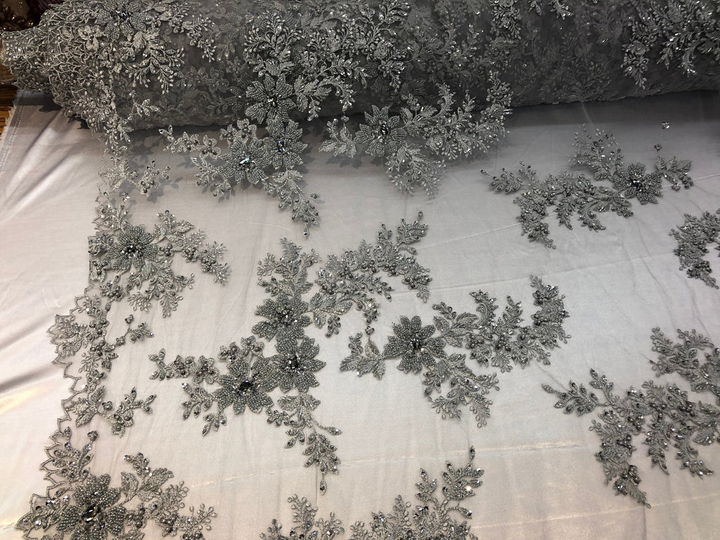 Beaded Fabric - Silver - Embroidered Flower Lace Fabric with Beads On A Mesh Sold By The Yard