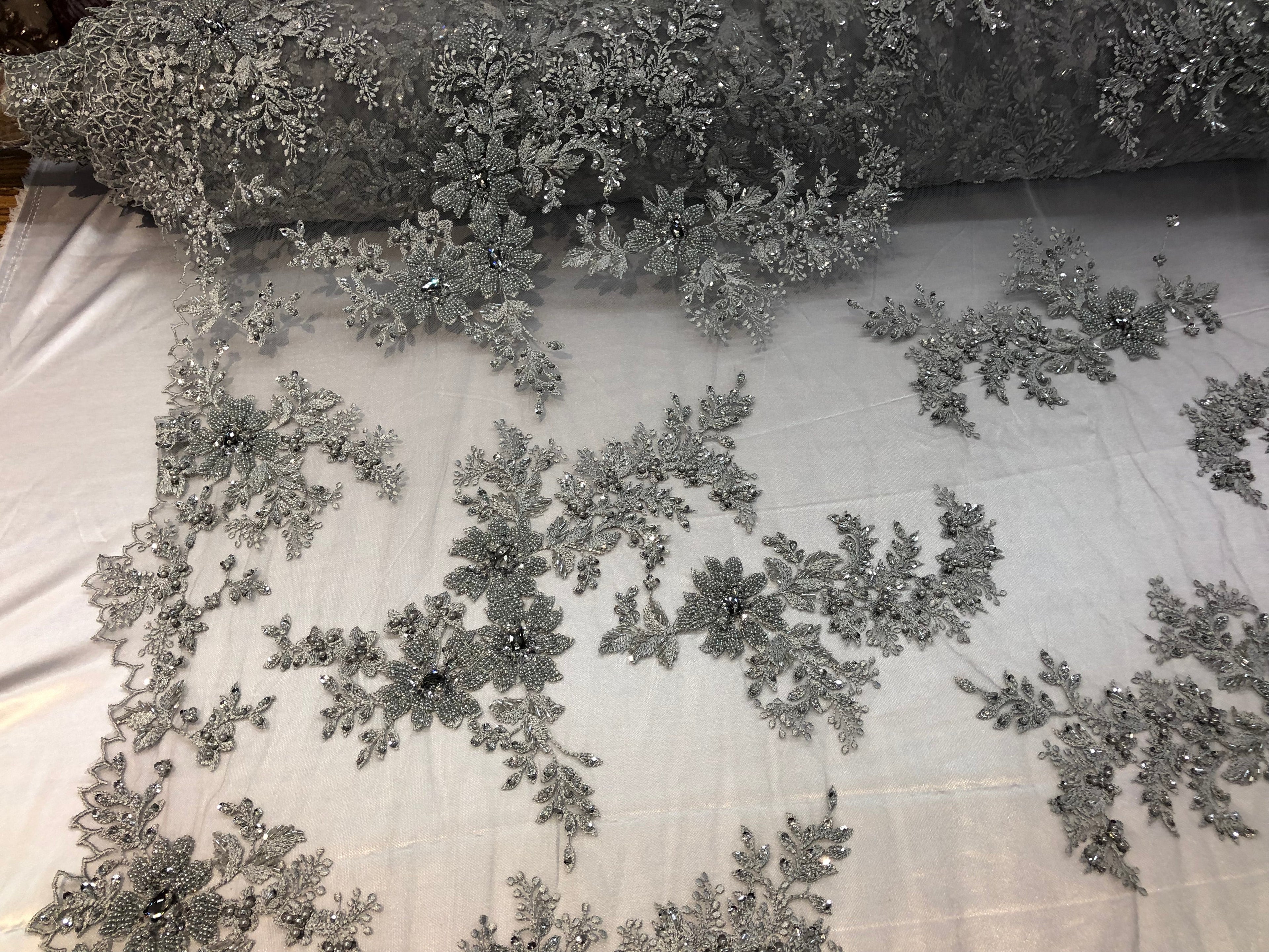 Beaded Fabric - Silver - Embroidered Flower Lace Fabric with Beads On A Mesh Sold By The Yard