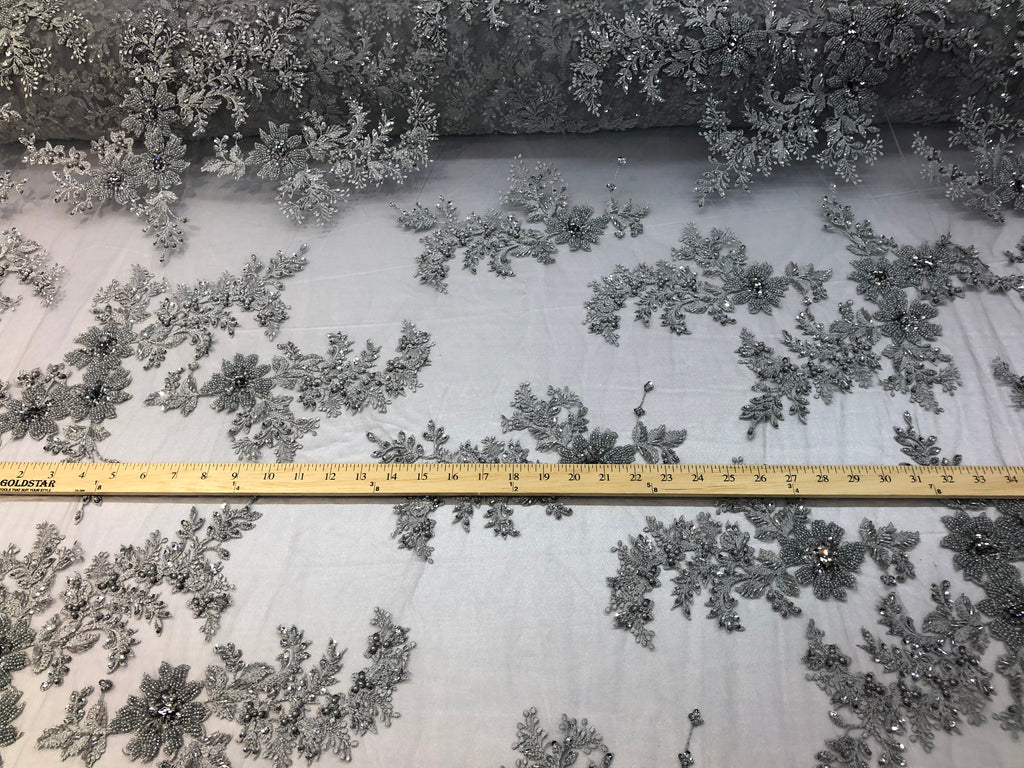 Beaded Fabric - Silver - Embroidered Flower Lace Fabric with Beads On A Mesh Sold By The Yard