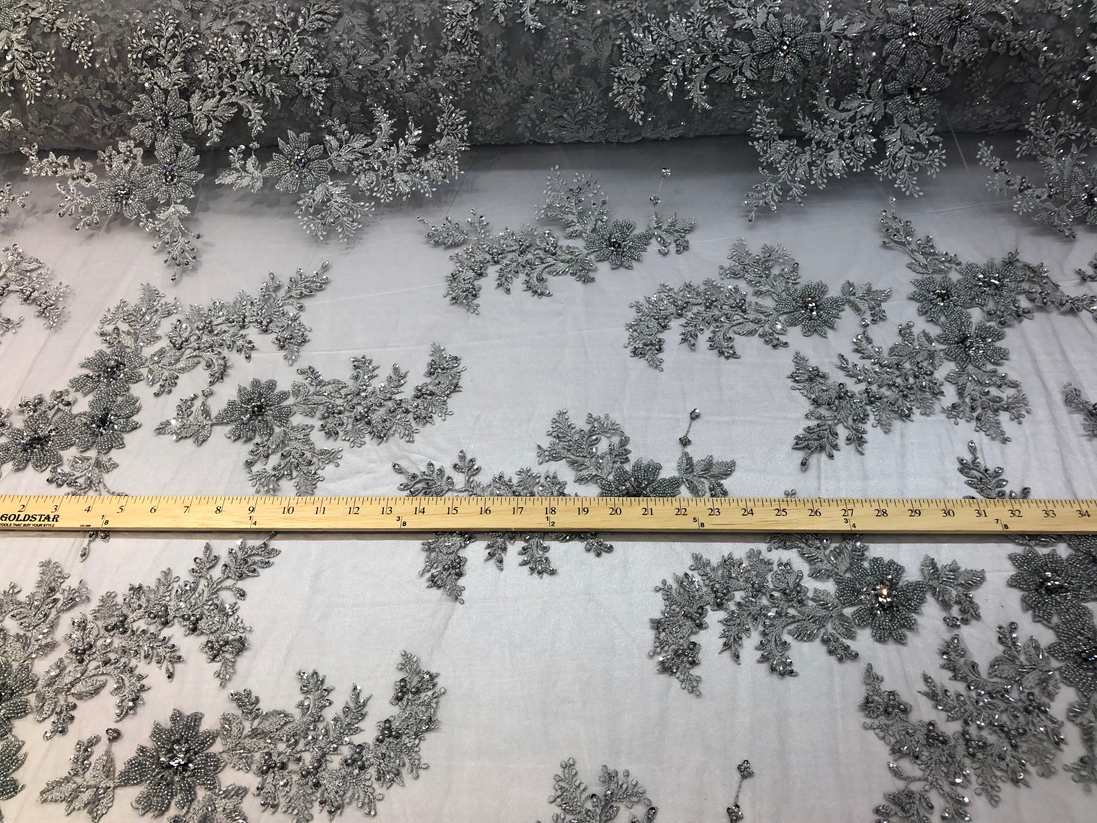 Beaded Fabric - Silver - Embroidered Flower Lace Fabric with Beads On A Mesh Sold By The Yard