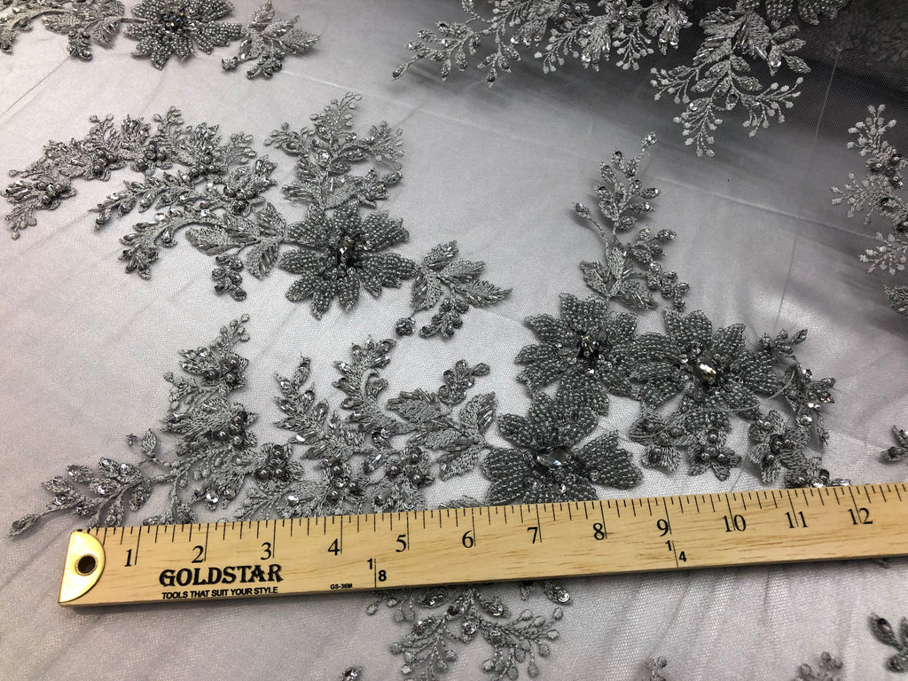 Beaded Fabric - Silver - Embroidered Flower Lace Fabric with Beads On A Mesh Sold By The Yard