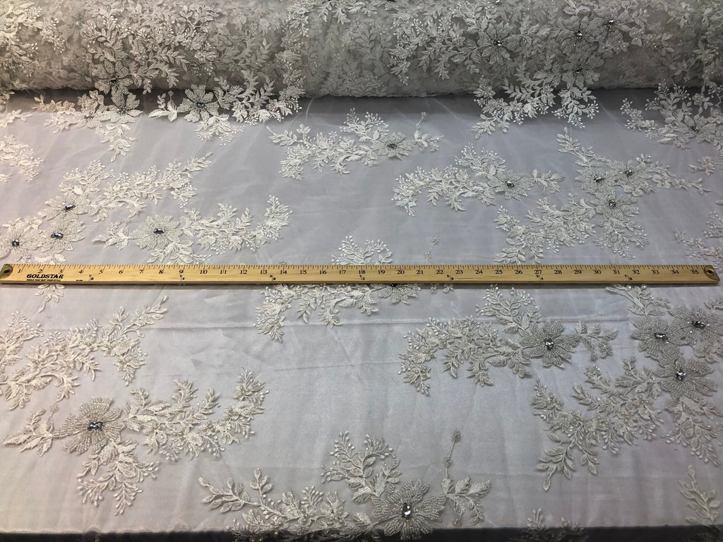 Beaded Fabric - Ivory - Embroidered Flower Lace Fabric with Beads On A Mesh Sold By The Yard