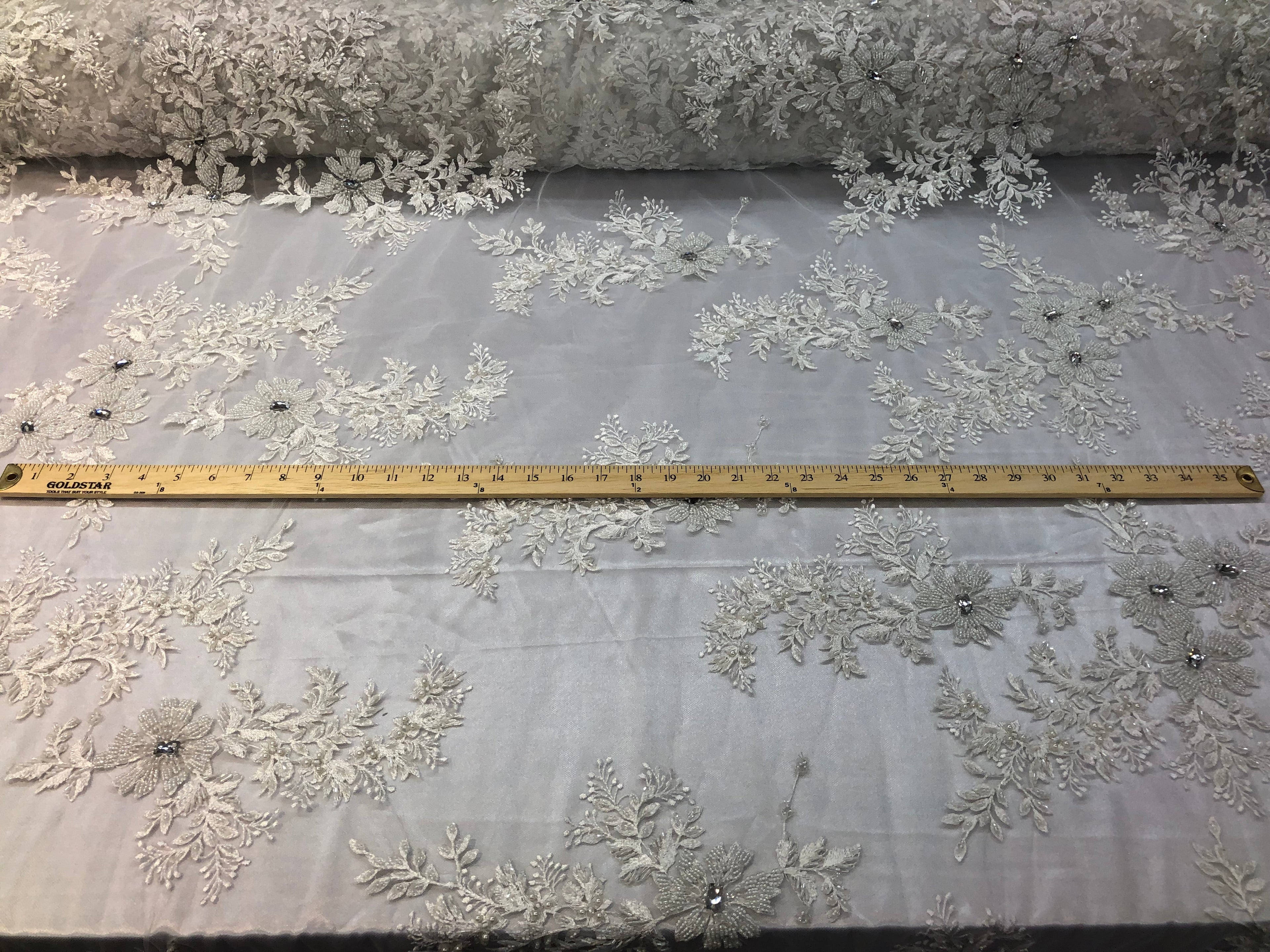 Beaded Fabric - Ivory - Embroidered Flower Lace Fabric with Beads On A Mesh Sold By The Yard
