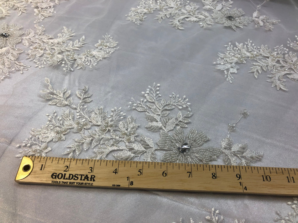 Beaded Fabric - Ivory - Embroidered Flower Lace Fabric with Beads On A Mesh Sold By The Yard