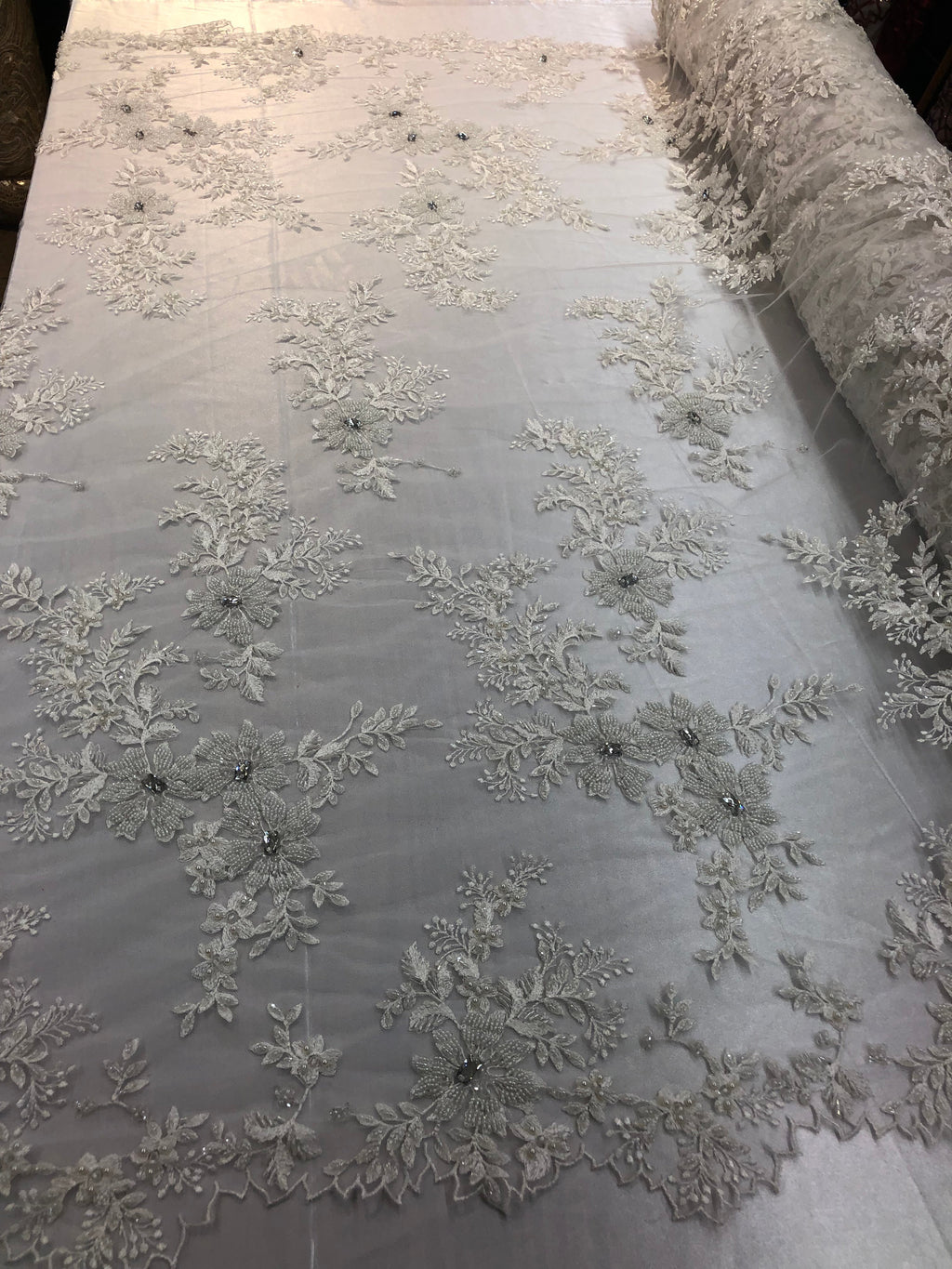 Beaded Fabric - Ivory - Embroidered Flower Lace Fabric with Beads On A Mesh Sold By The Yard