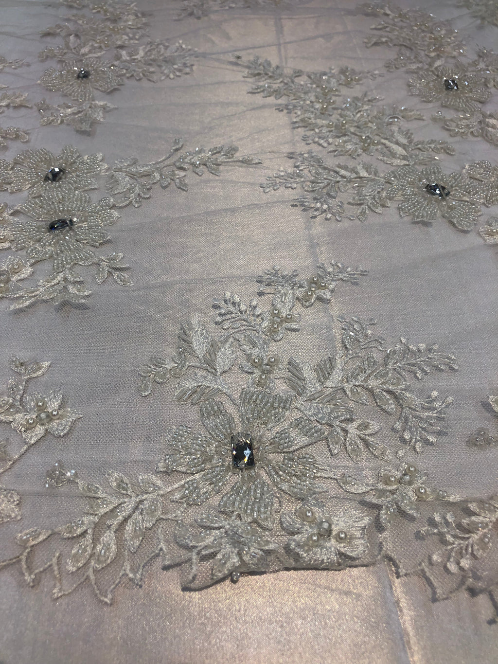 Beaded Fabric - Ivory - Embroidered Flower Lace Fabric with Beads On A Mesh Sold By The Yard