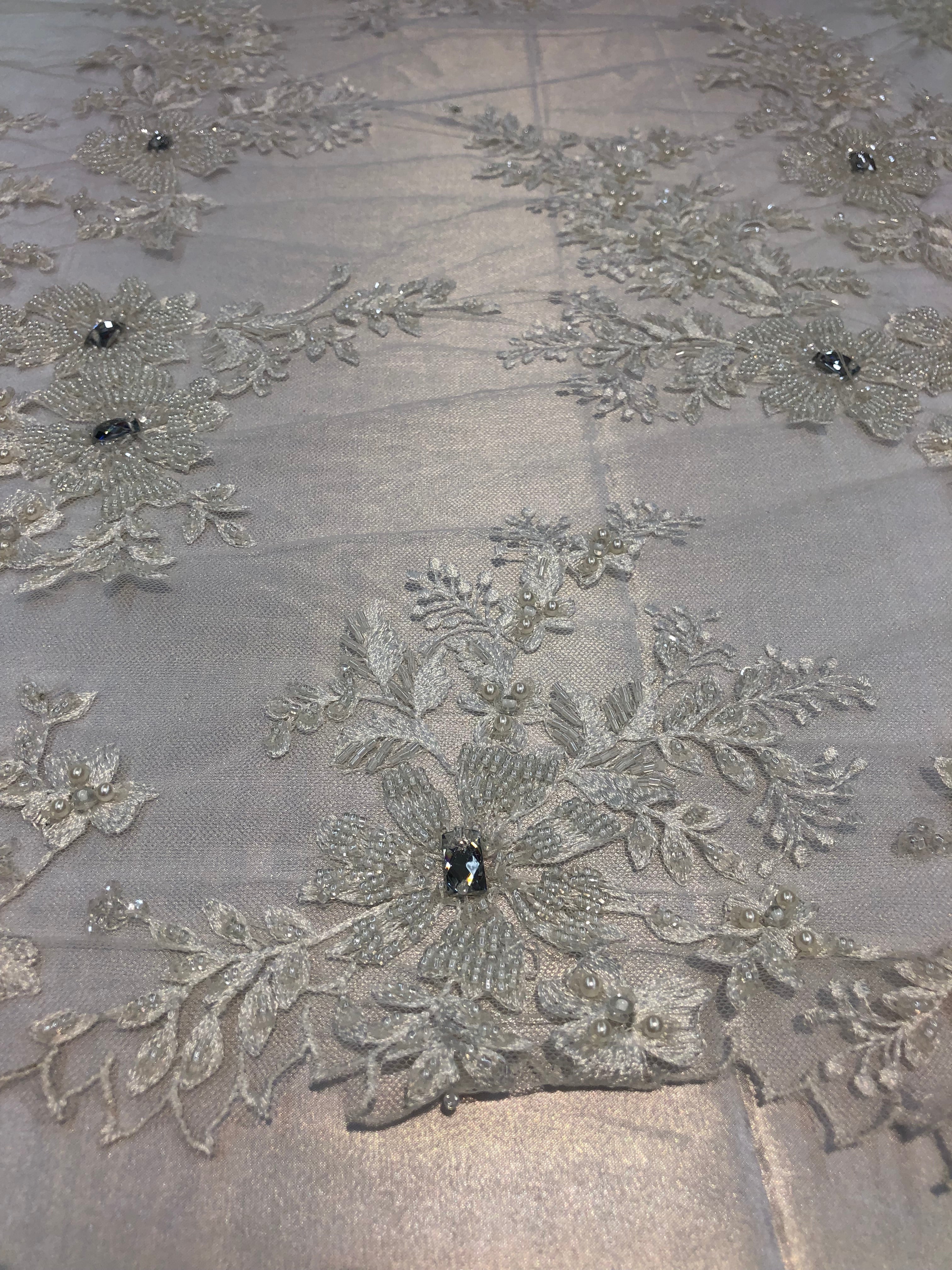 Beaded Fabric - Ivory - Embroidered Flower Lace Fabric with Beads On A Mesh Sold By The Yard