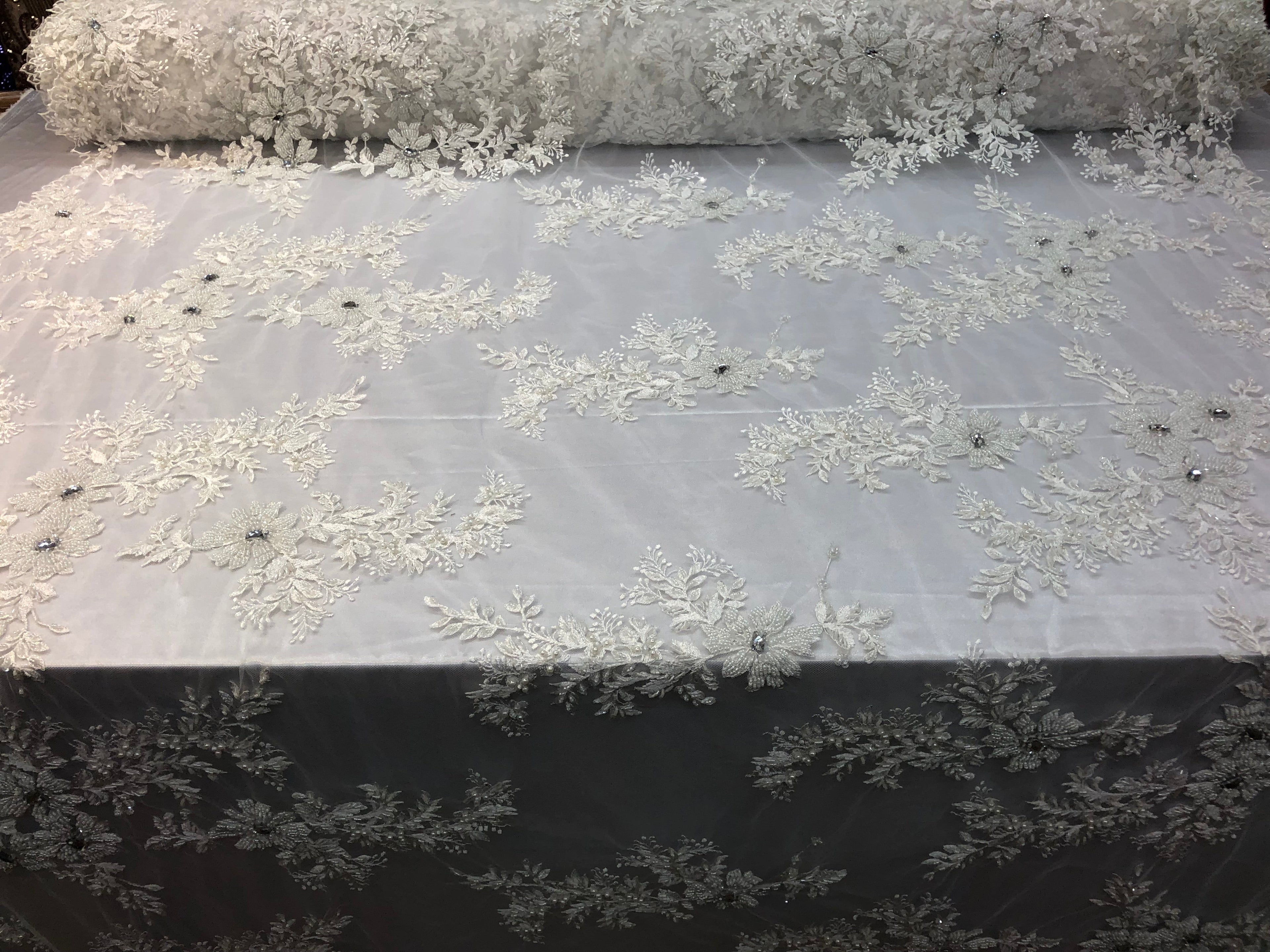 Beaded Fabric - Ivory - Embroidered Flower Lace Fabric with Beads On A Mesh Sold By The Yard