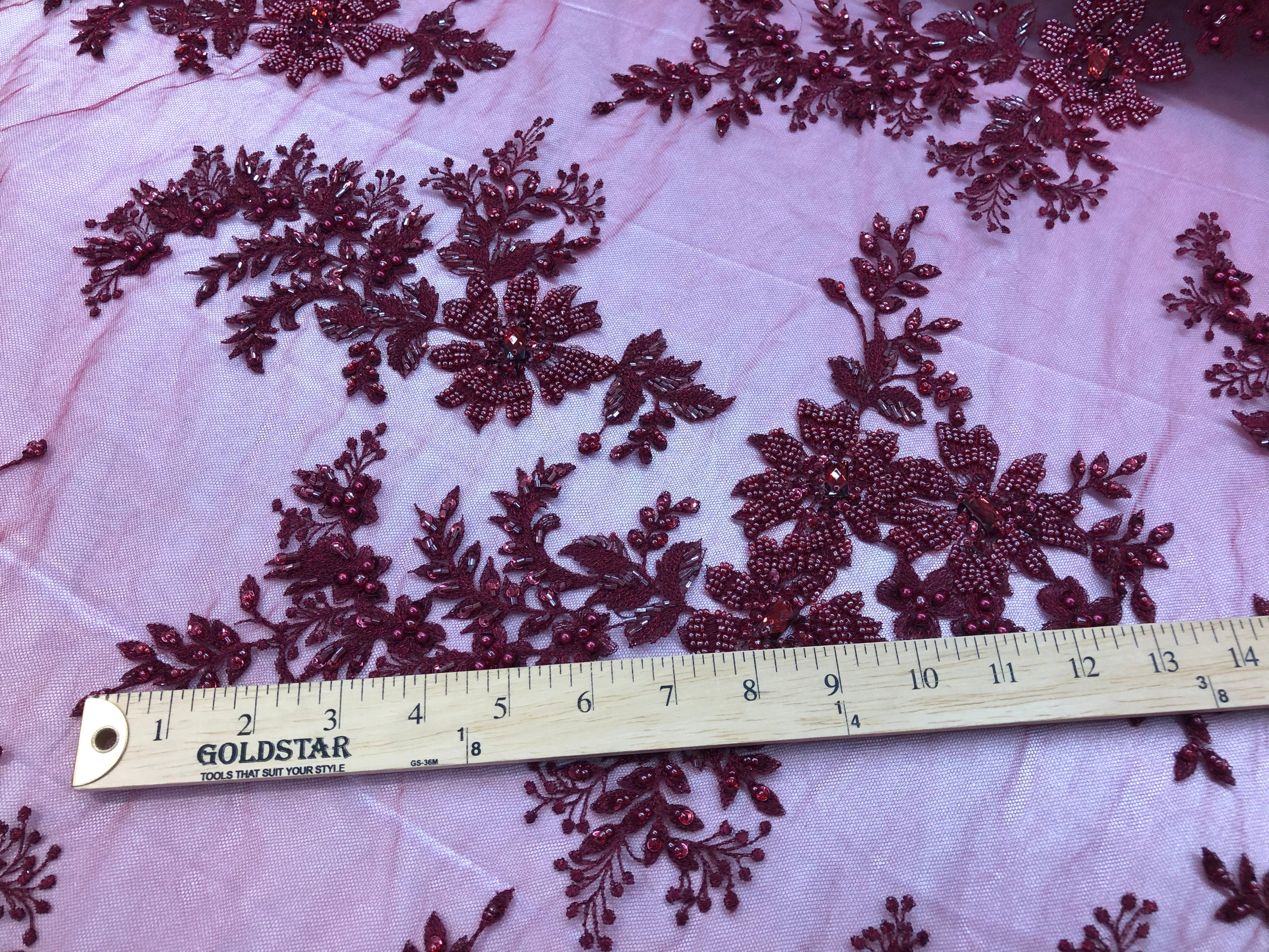 Beaded Fabric - Burgundy - Embroidered Flower Lace Fabric with Beads On A Mesh Sold By The Yard