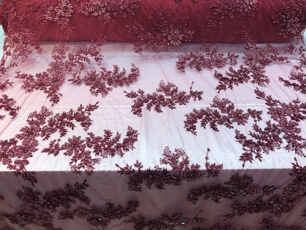 Beaded Fabric - Burgundy - Embroidered Flower Lace Fabric with Beads On A Mesh Sold By The Yard