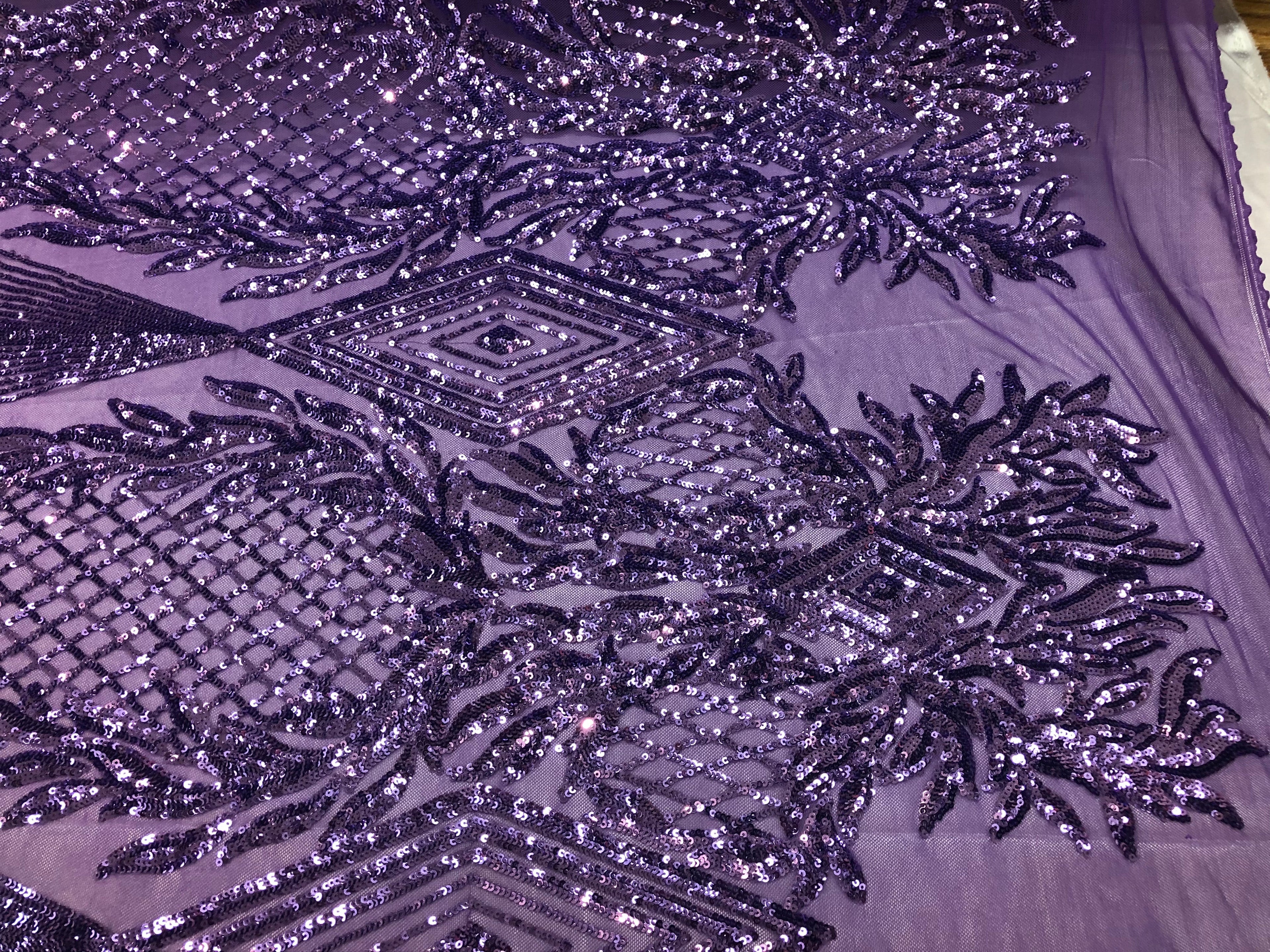 4 Way Stretch Lilac Geometric Design Sequins On Mesh Beautiful Fashion Fabrics Sold By Yard