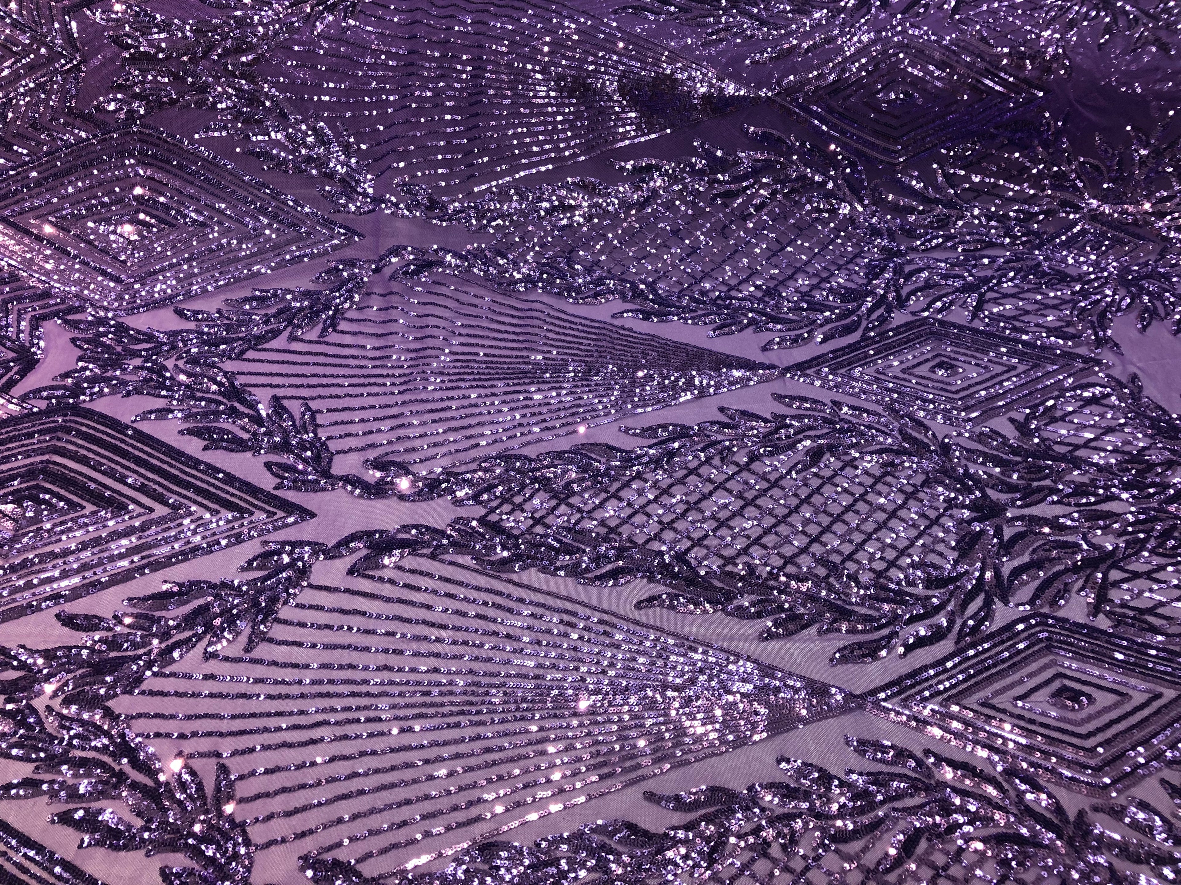 4 Way Stretch Lilac Geometric Design Sequins On Mesh Beautiful Fashion Fabrics Sold By Yard