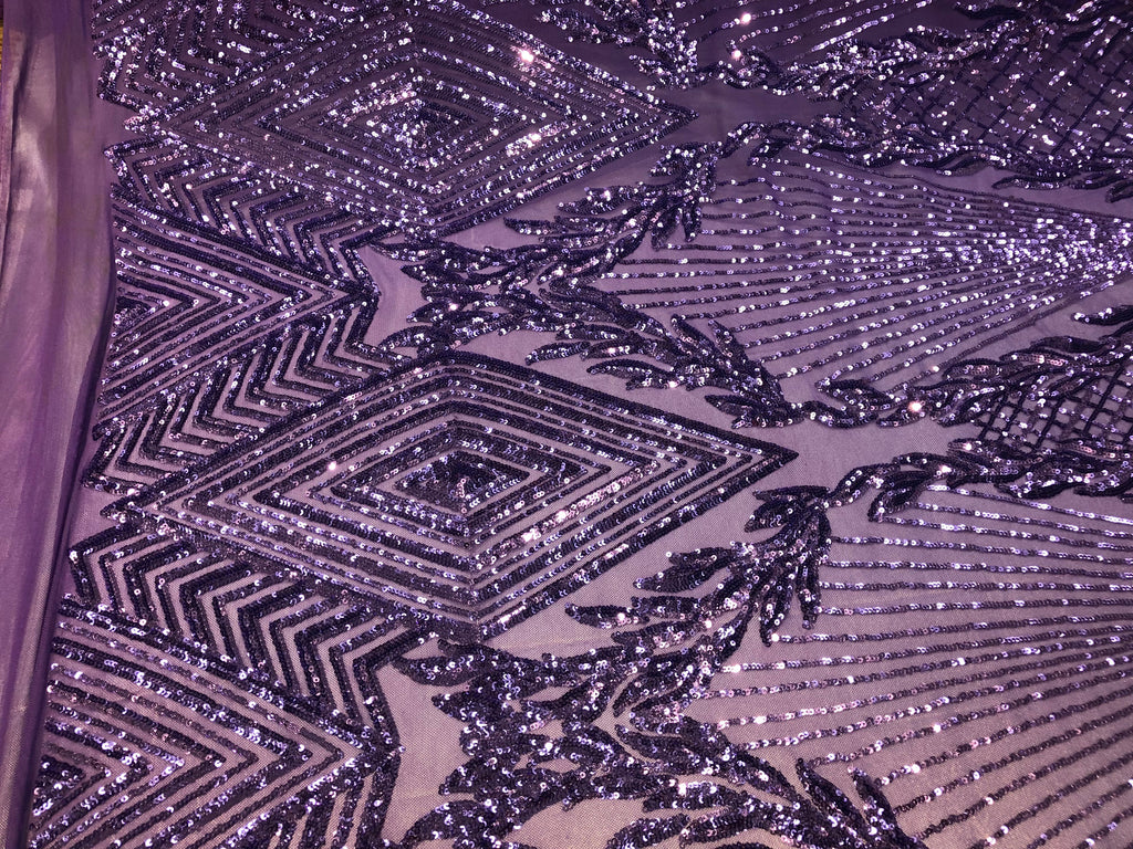 4 Way Stretch Lilac Geometric Design Sequins On Mesh Beautiful Fashion Fabrics Sold By Yard
