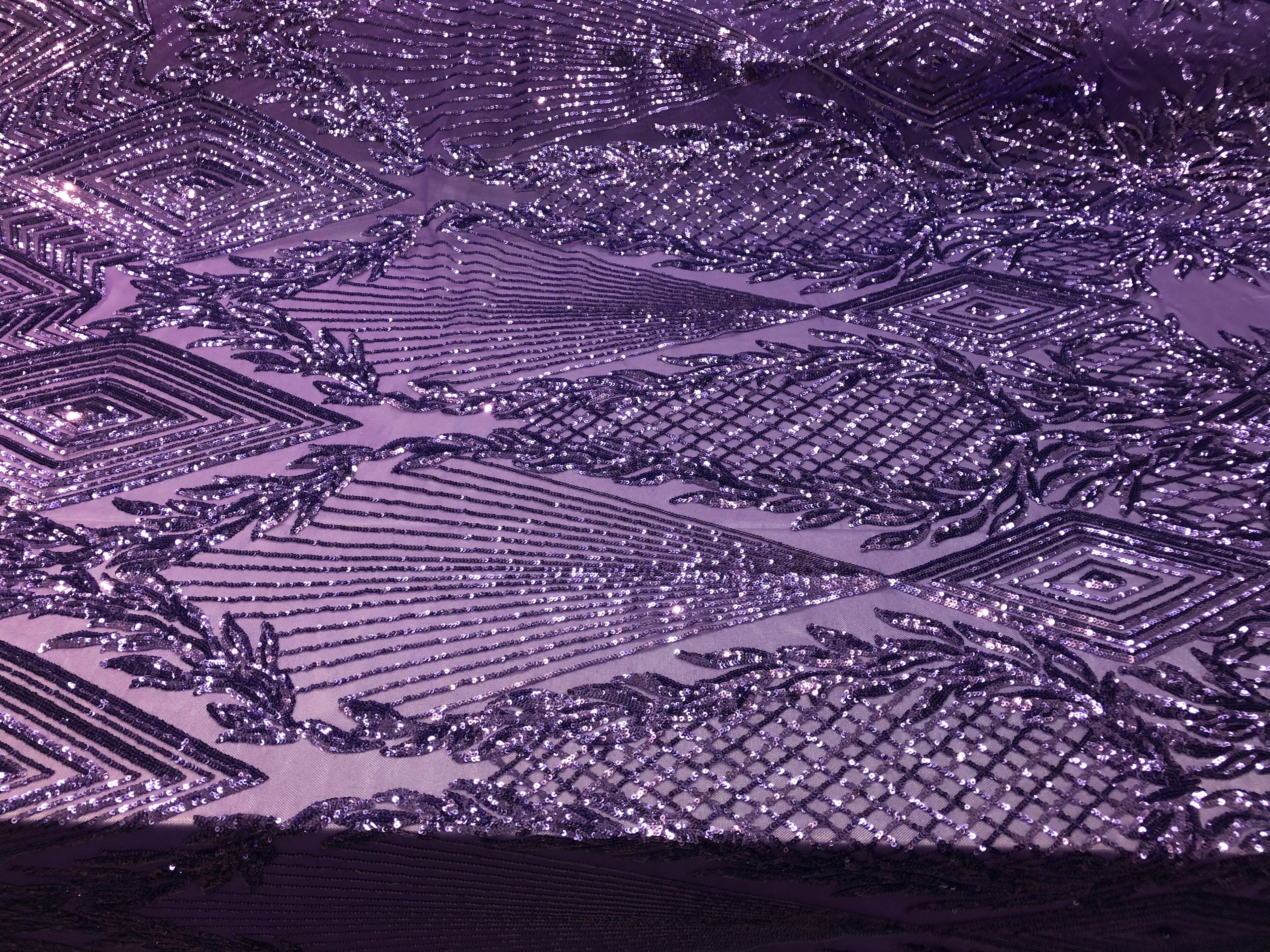 4 Way Stretch Lilac Geometric Design Sequins On Mesh Beautiful Fashion Fabrics Sold By Yard