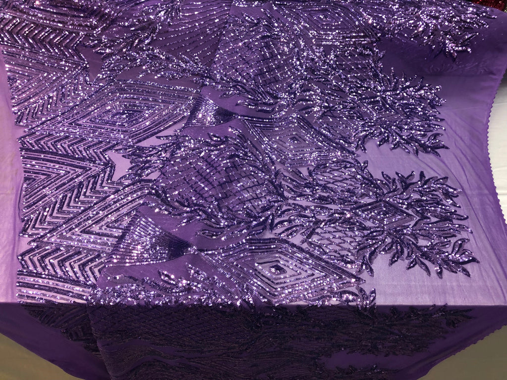 4 Way Stretch Lilac Geometric Design Sequins On Mesh Beautiful Fashion Fabrics Sold By Yard