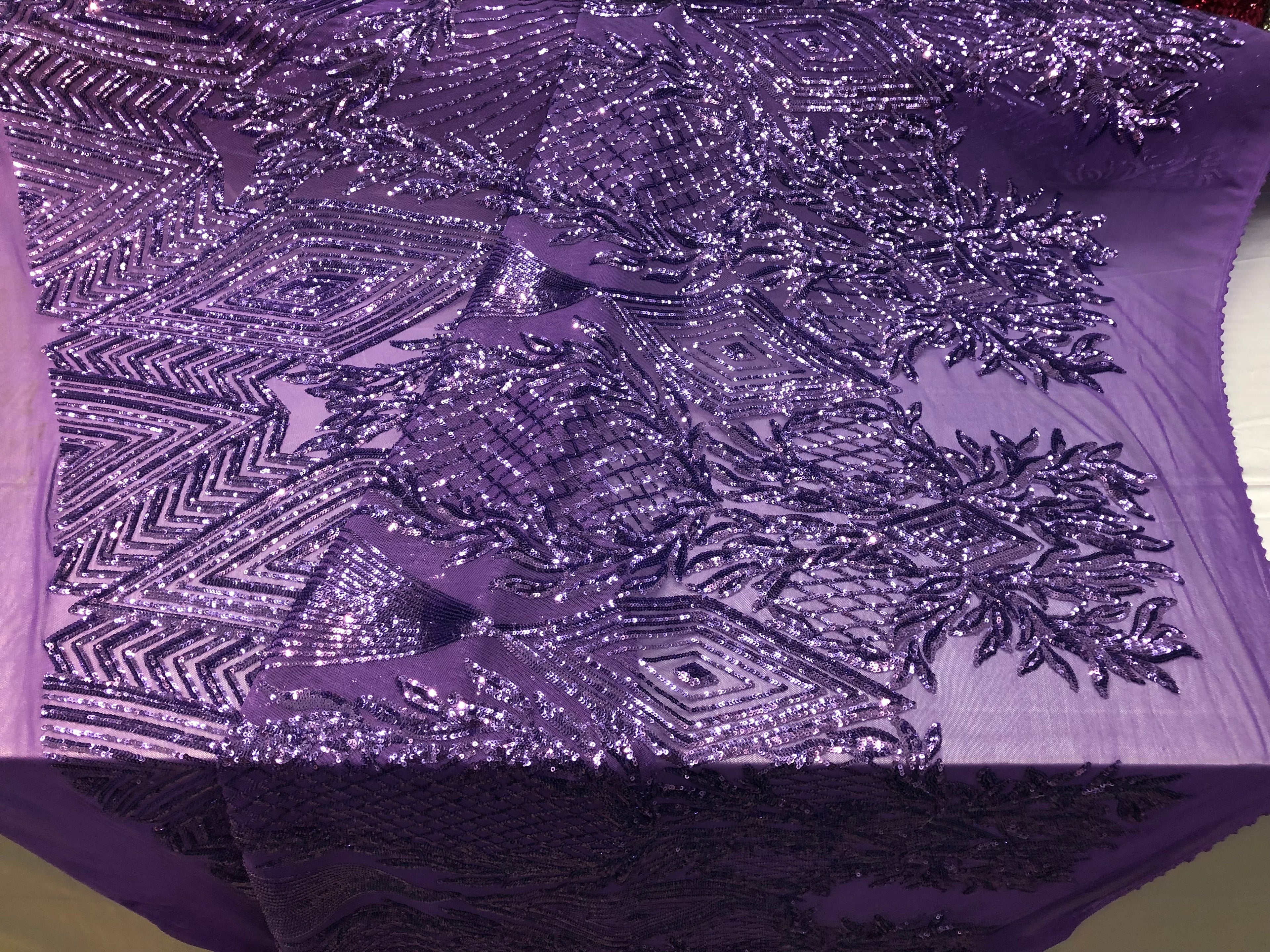 4 Way Stretch Lilac Geometric Design Sequins On Mesh Beautiful Fashion Fabrics Sold By Yard