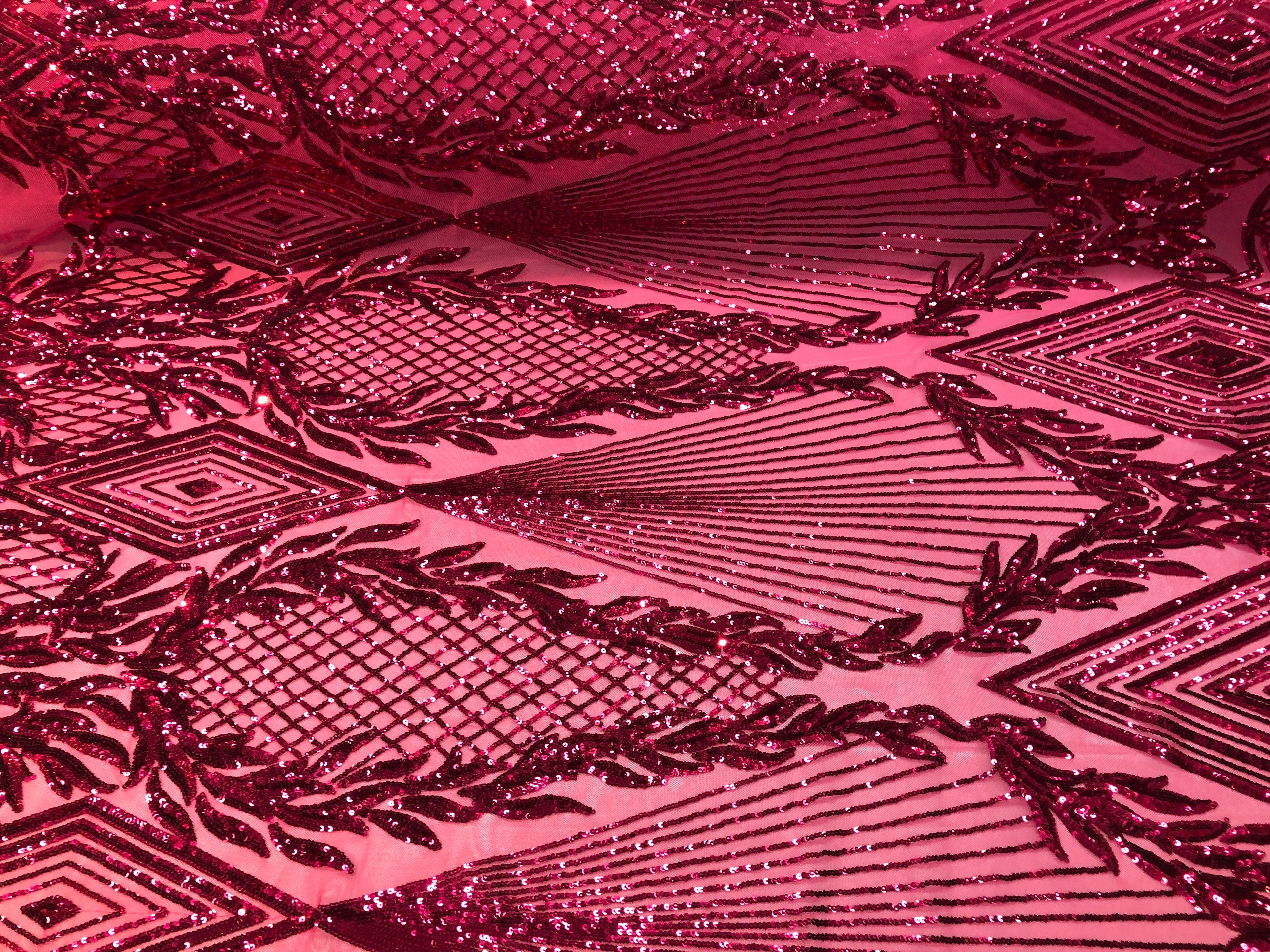4 Way Stretch - Fuchsia Geometric Design Sequins On Mesh Beautiful Fashion Fabrics Sold By Yard