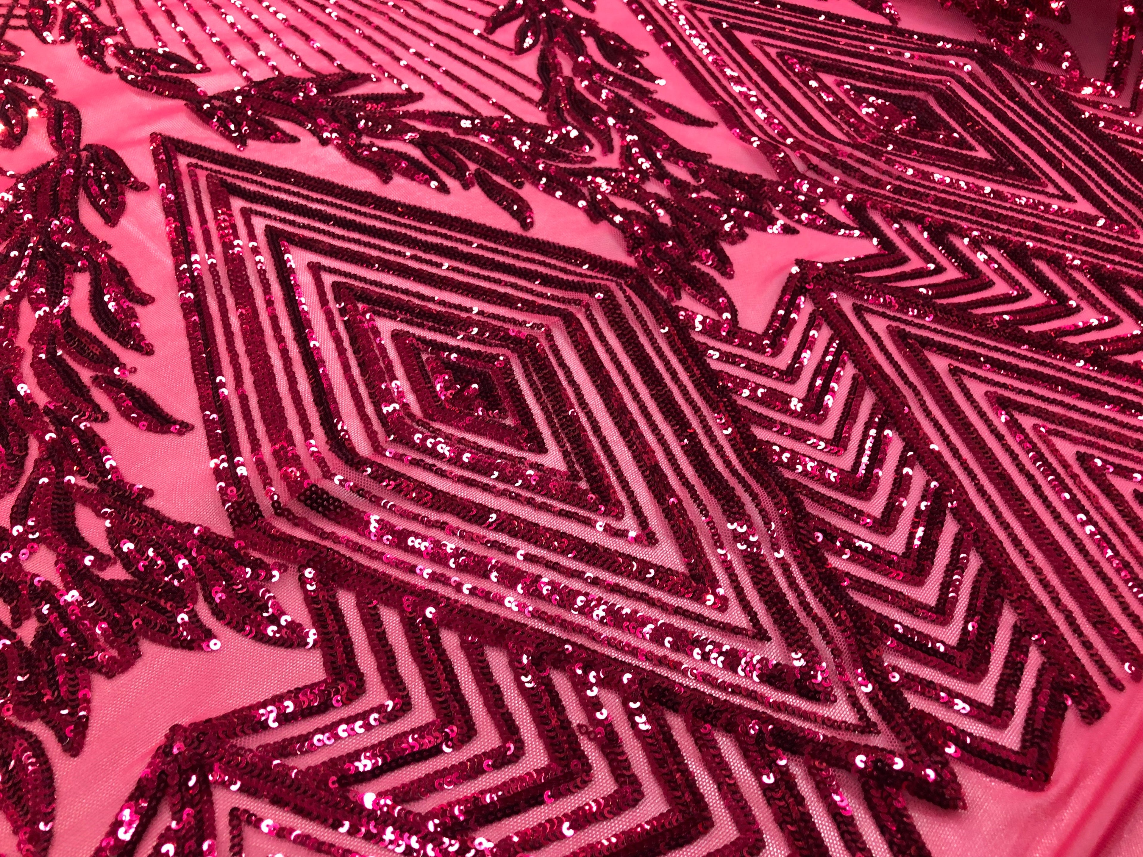 4 Way Stretch - Fuchsia Geometric Design Sequins On Mesh Beautiful Fashion Fabrics Sold By Yard