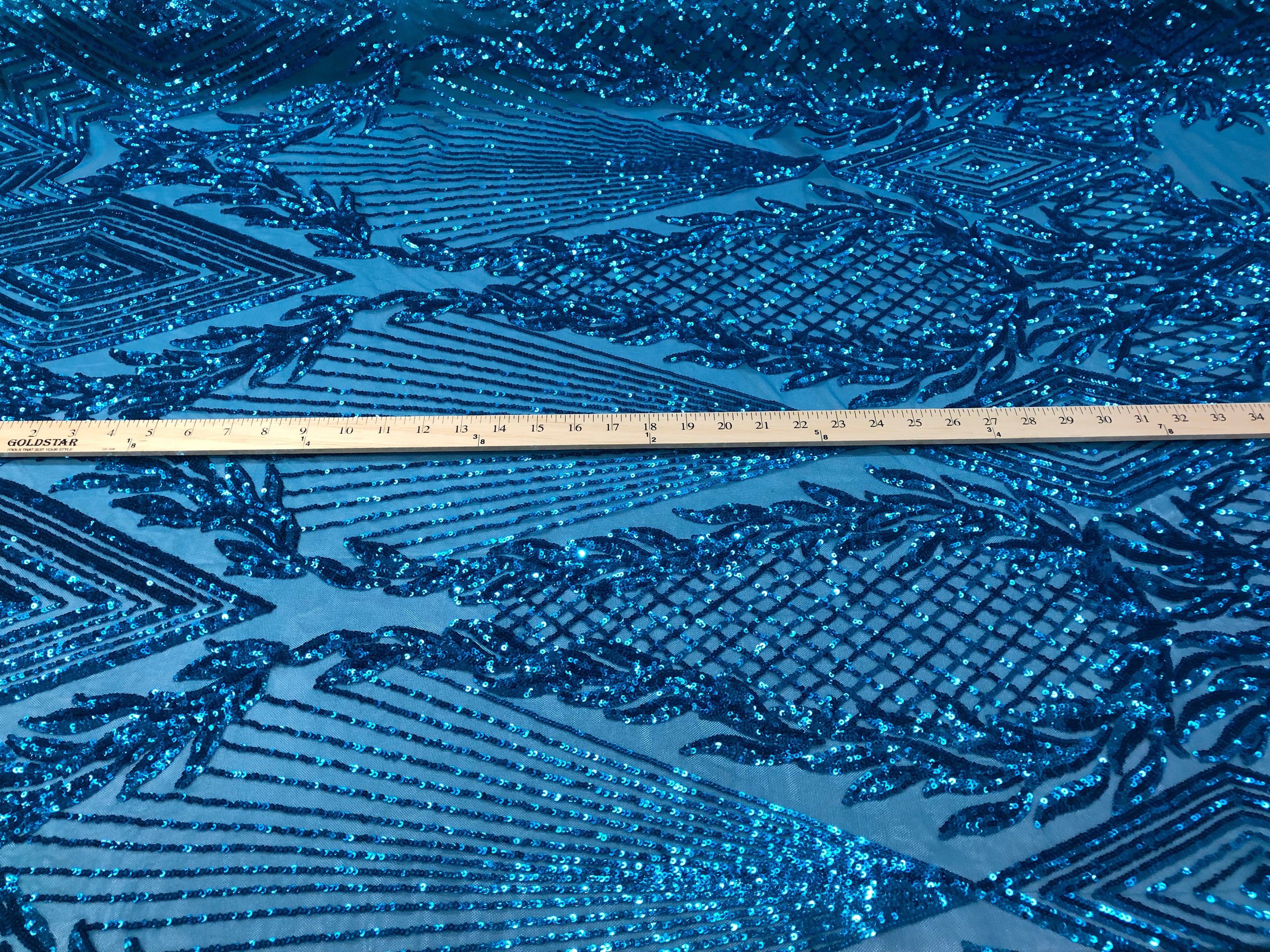 4 Way Stretch - Turquoise  - Geometric Design Sequins On Mesh Beautiful Fashion Fabrics Sold By Yard