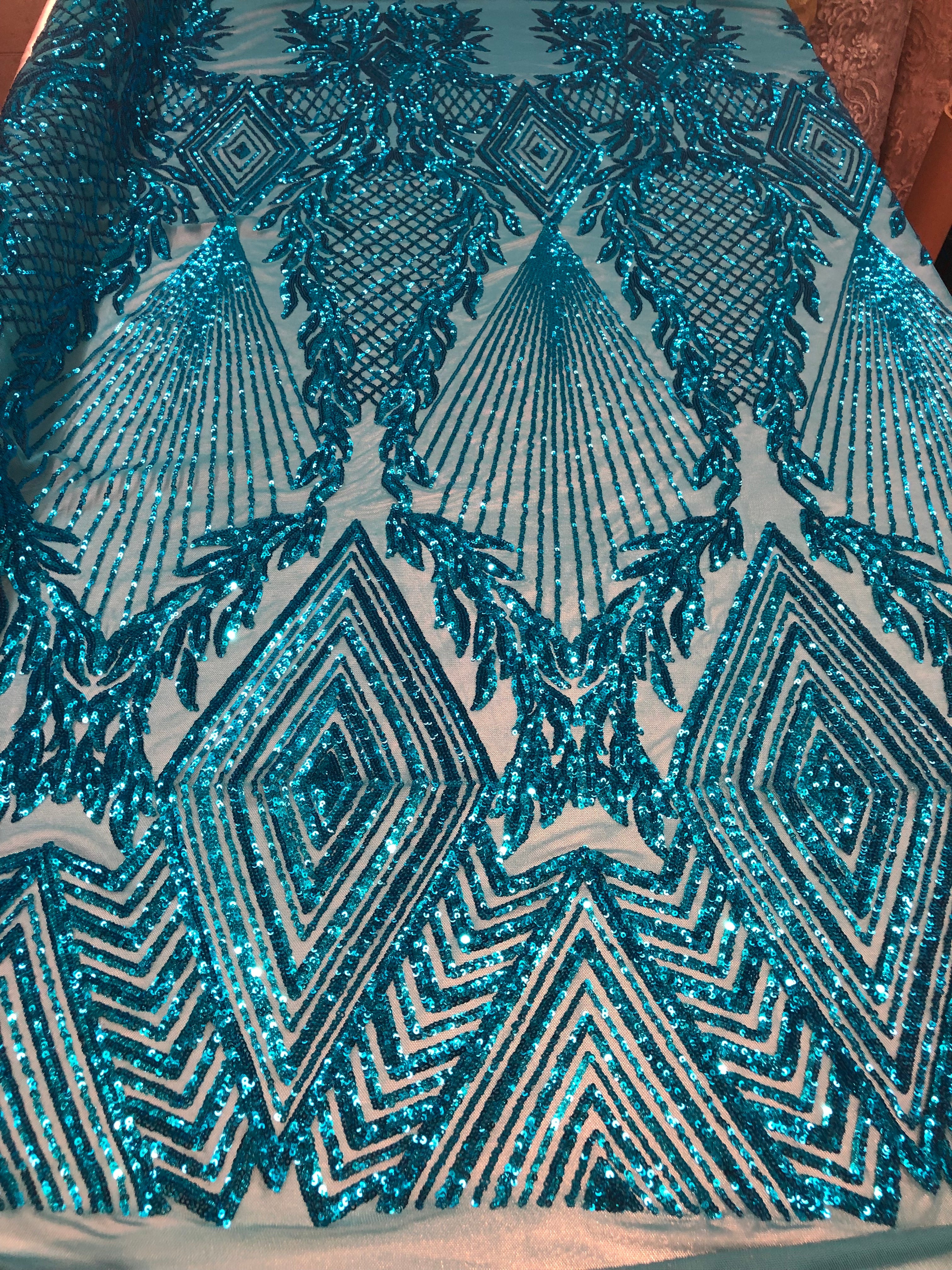 4 Way Stretch - Turquoise  - Geometric Design Sequins On Mesh Beautiful Fashion Fabrics Sold By Yard