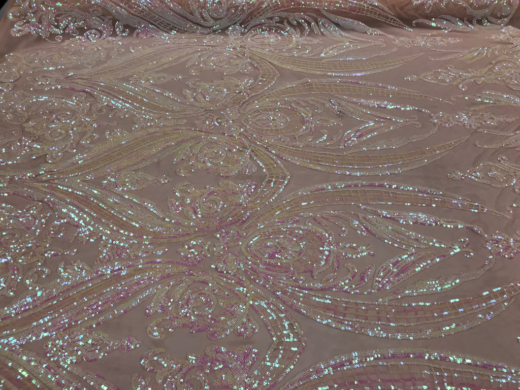 Big Damask Sequins Fabric - Iridescent Baby Pink - 4 Way Stretch Damask Sequins Design Fabric By Yard