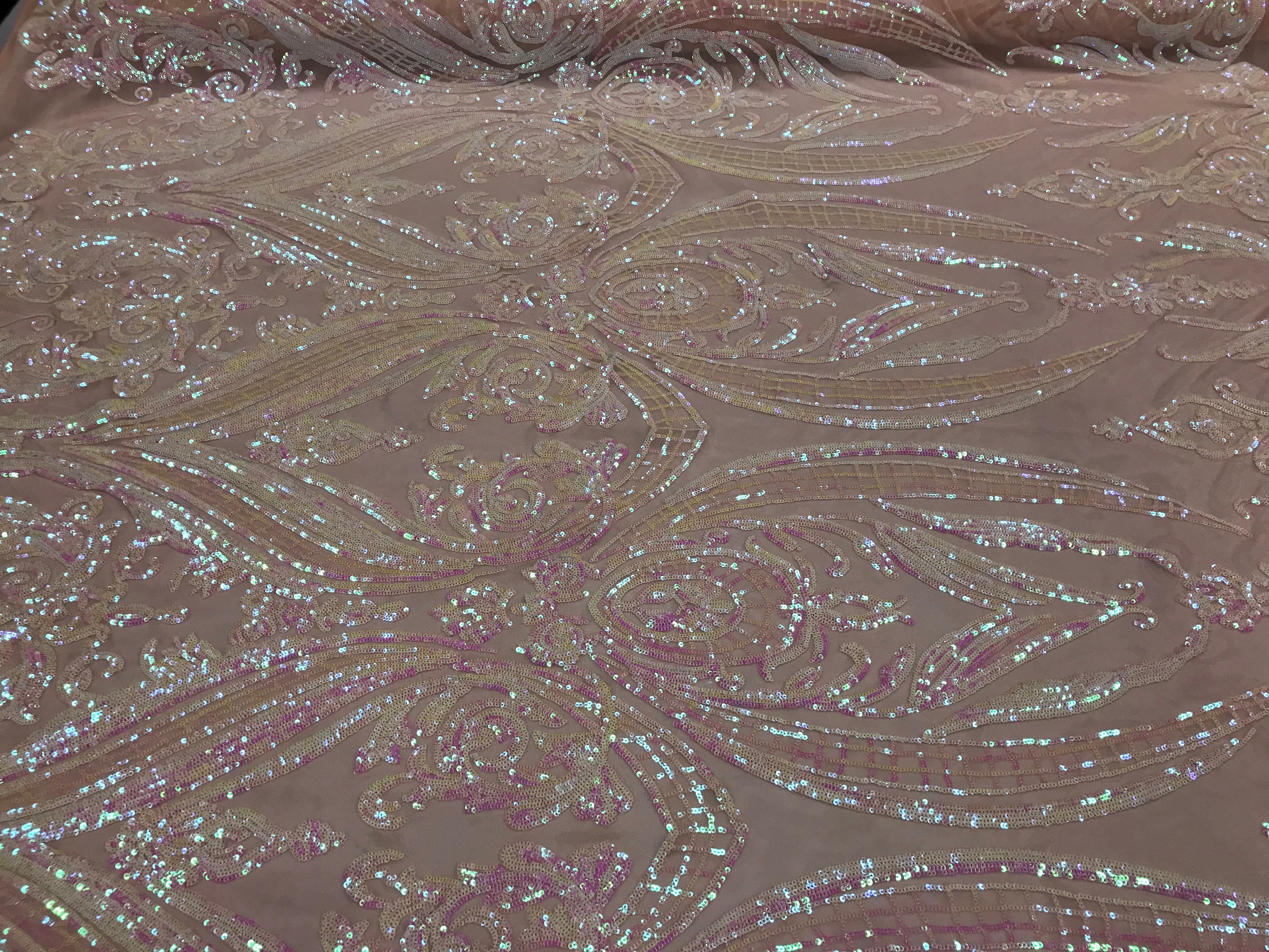Big Damask Sequins Fabric - Iridescent Baby Pink - 4 Way Stretch Damask Sequins Design Fabric By Yard