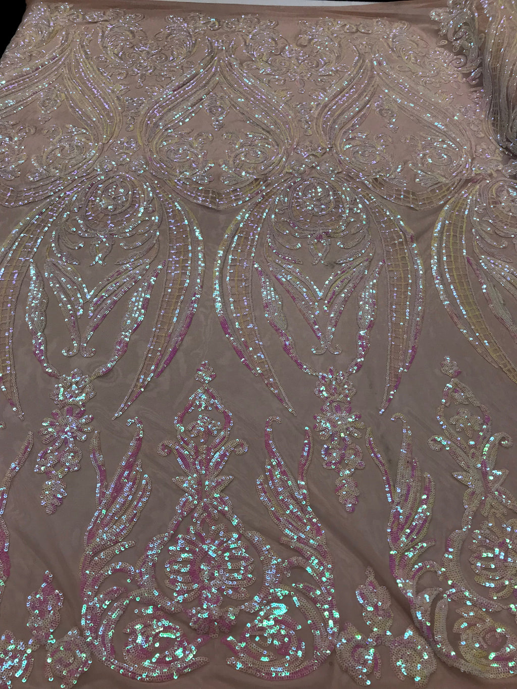 Big Damask Sequins Fabric - Iridescent Baby Pink - 4 Way Stretch Damask Sequins Design Fabric By Yard
