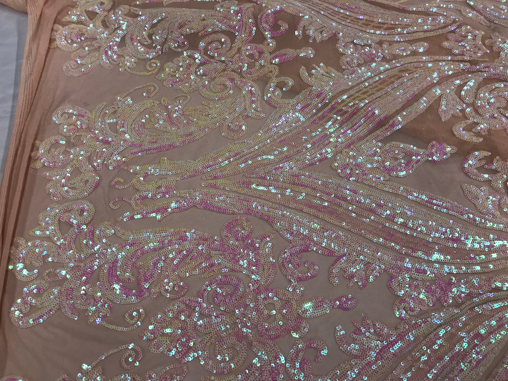 Big Damask Sequins Fabric - Iridescent Baby Pink - 4 Way Stretch Damask Sequins Design Fabric By Yard