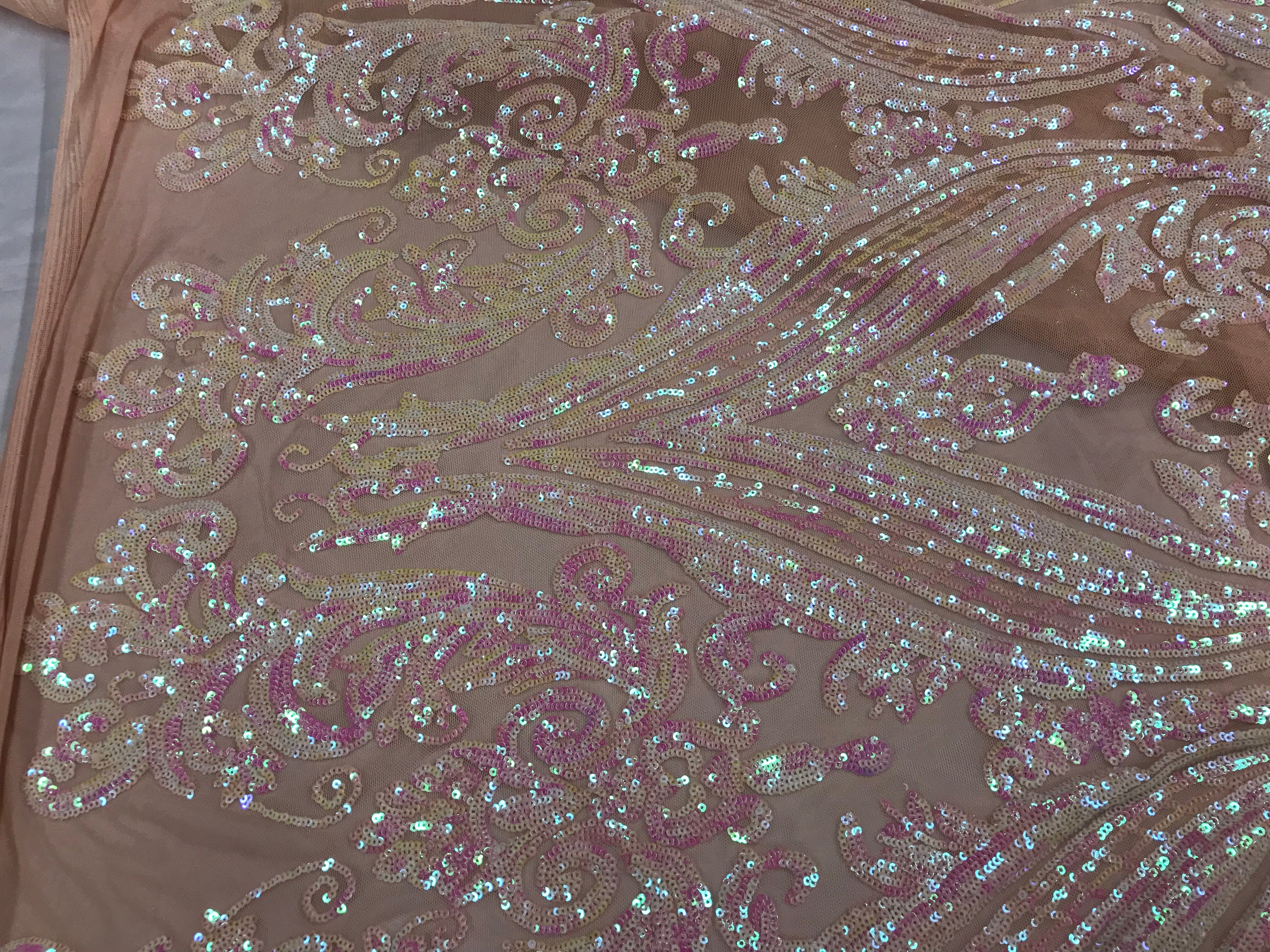 Big Damask Sequins Fabric - Iridescent Baby Pink - 4 Way Stretch Damask Sequins Design Fabric By Yard