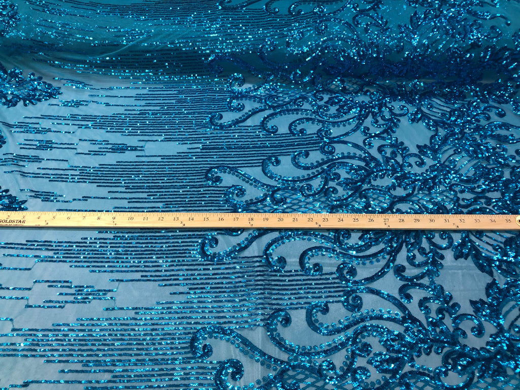 4 Way Stretch - Turquoise - Damask Net Design Sequins On Mesh Elegant Fashion Fabrics Sold By Yard