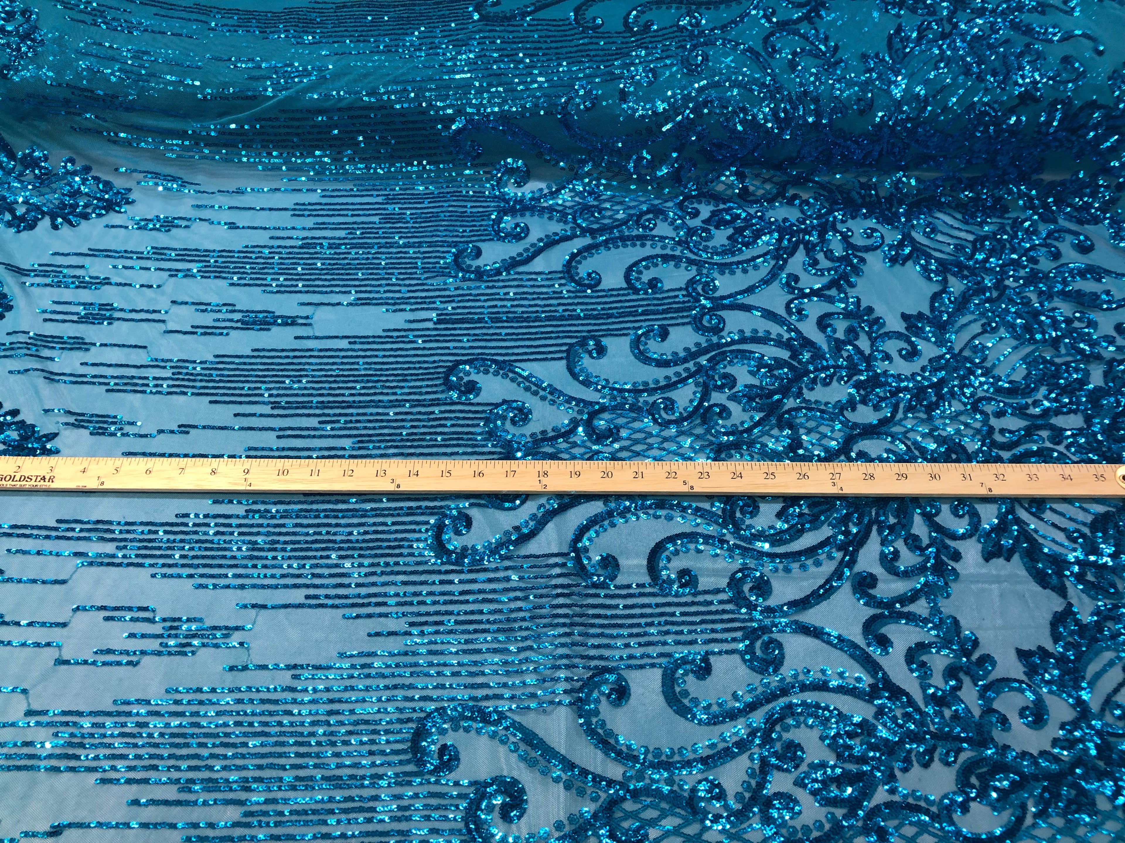 4 Way Stretch - Turquoise - Damask Net Design Sequins On Mesh Elegant Fashion Fabrics Sold By Yard