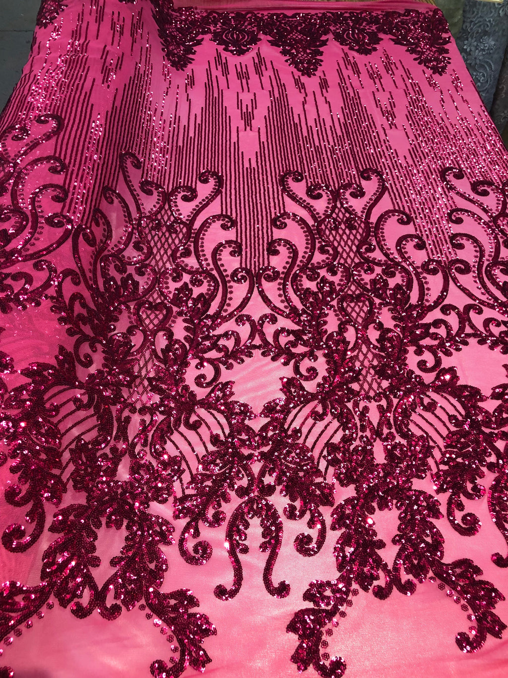4 Way Stretch - Fuchsia Damask Net Design Sequins On Mesh Elegant Fashion Fabrics Sold By Yard