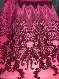 4 Way Stretch - Fuchsia Damask Net Design Sequins On Mesh Elegant Fashion Fabrics Sold By Yard