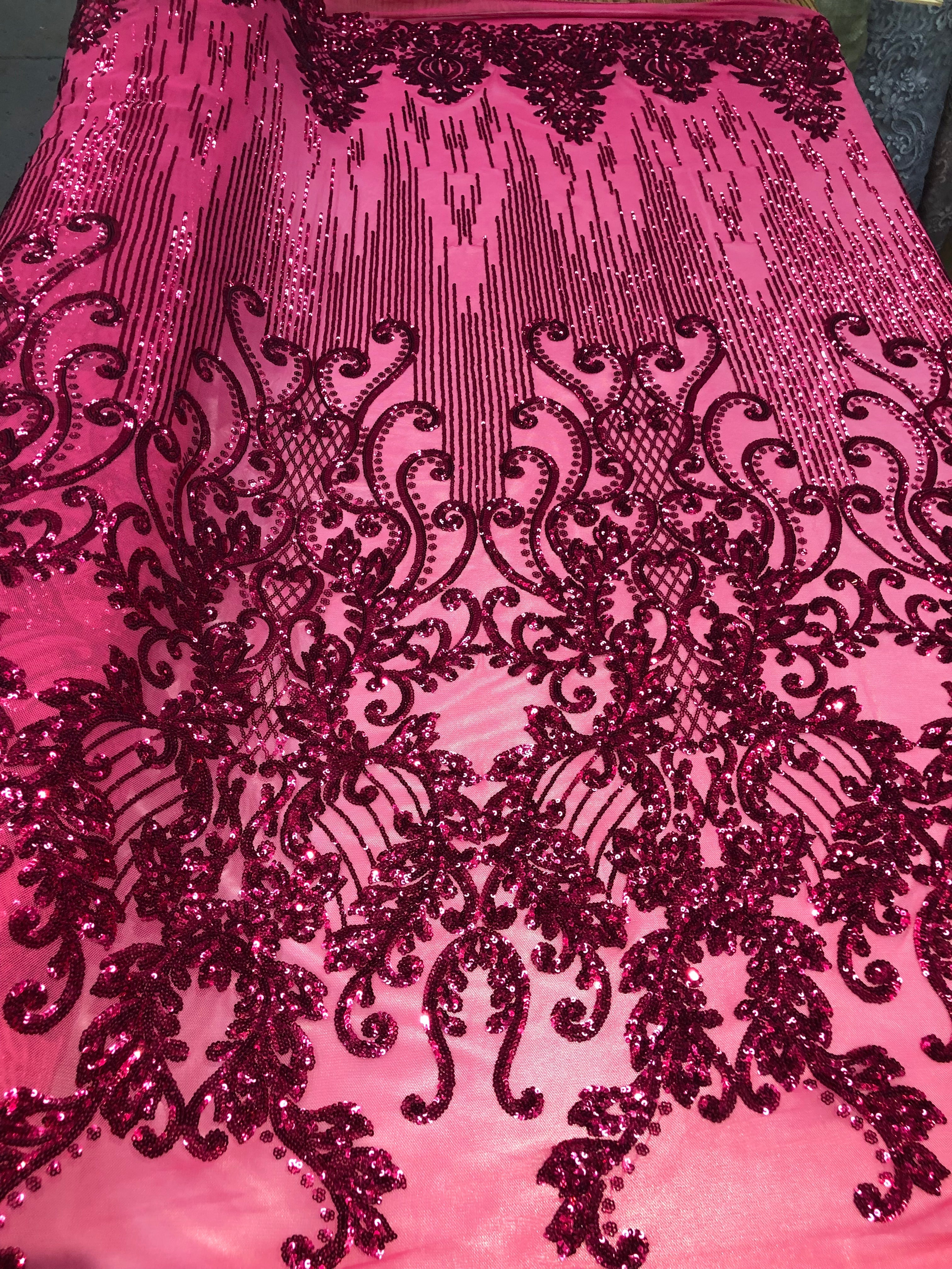 4 Way Stretch - Fuchsia Damask Net Design Sequins On Mesh Elegant Fashion Fabrics Sold By Yard