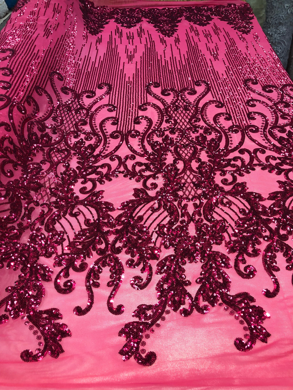 4 Way Stretch - Fuchsia Damask Net Design Sequins On Mesh Elegant Fashion Fabrics Sold By Yard