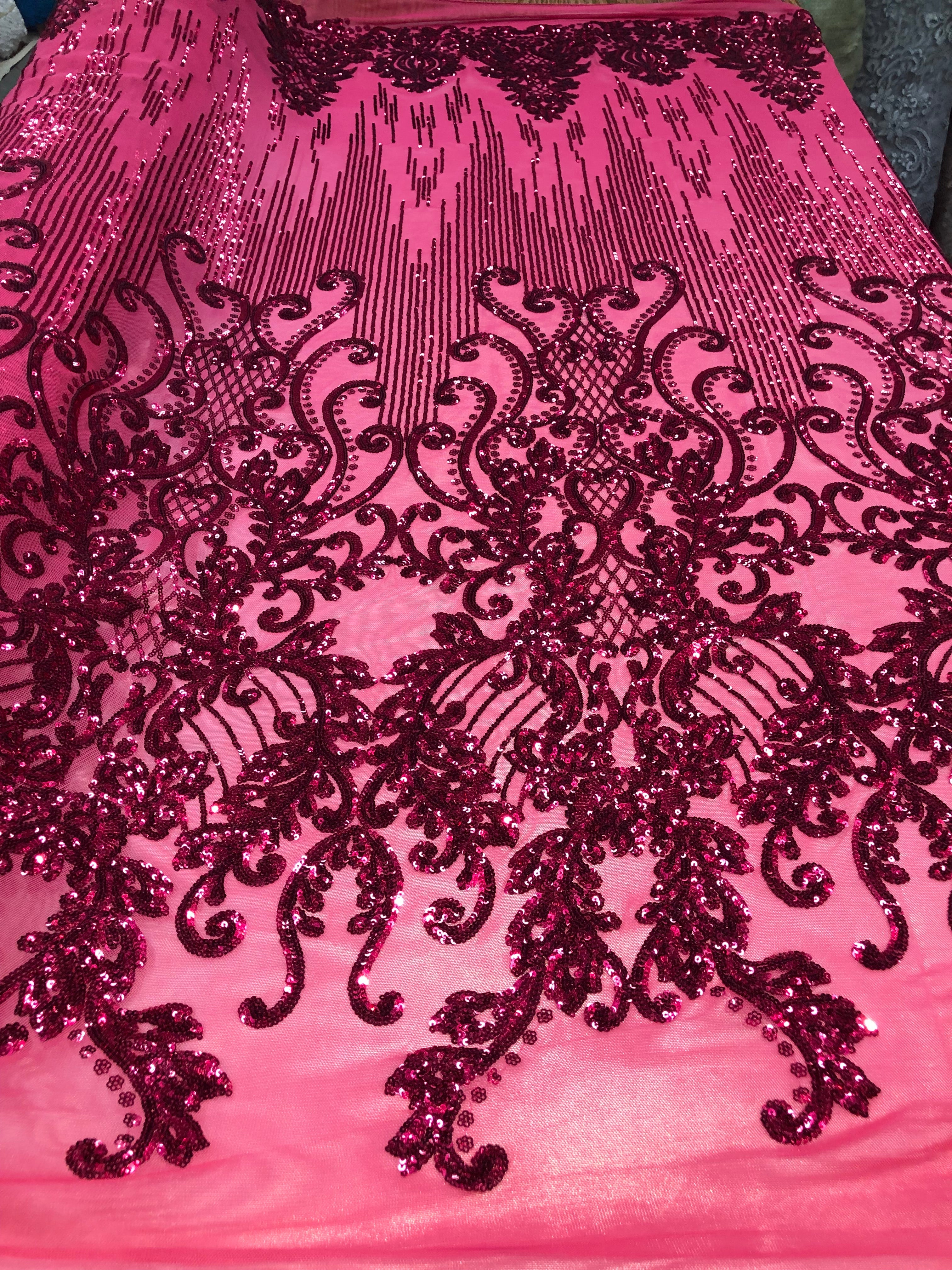 4 Way Stretch - Fuchsia Damask Net Design Sequins On Mesh Elegant Fashion Fabrics Sold By Yard