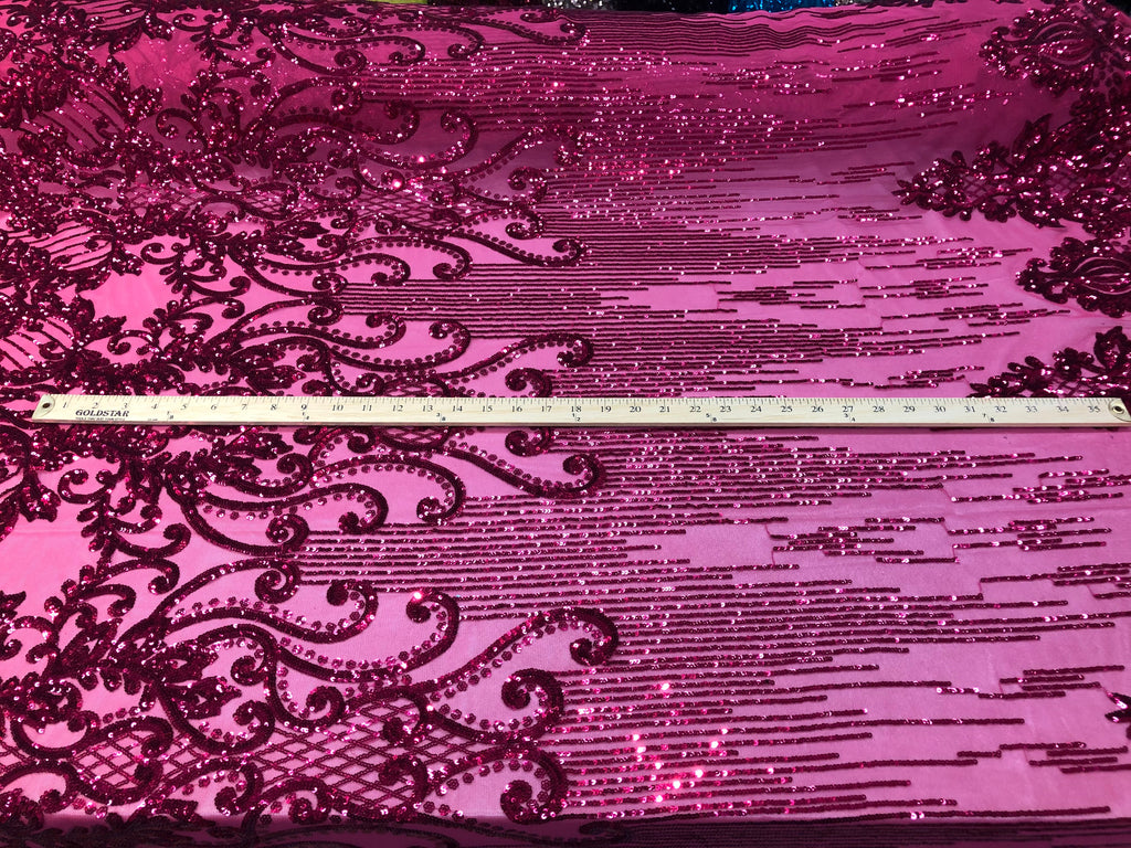 4 Way Stretch - Fuchsia Damask Net Design Sequins On Mesh Elegant Fashion Fabrics Sold By Yard