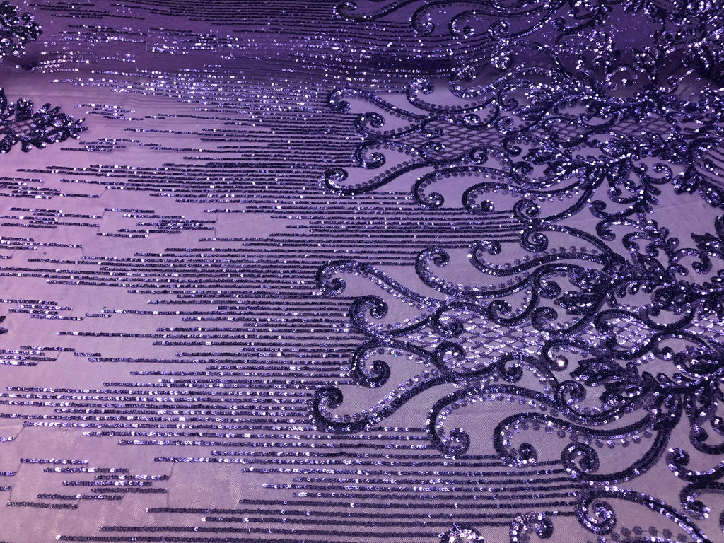 4 Way Stretch - Lilac - Damask Net Design Sequins On Mesh Elegant Fashion Fabrics Sold By Yard