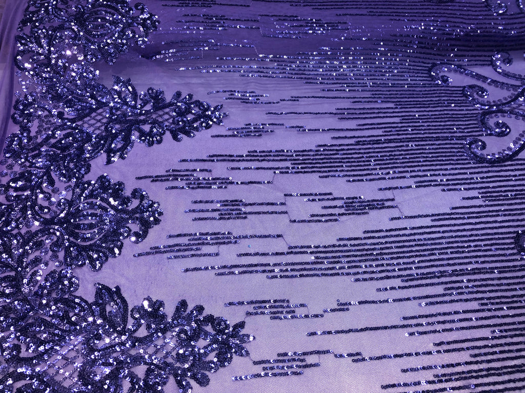 4 Way Stretch - Lilac - Damask Net Design Sequins On Mesh Elegant Fashion Fabrics Sold By Yard