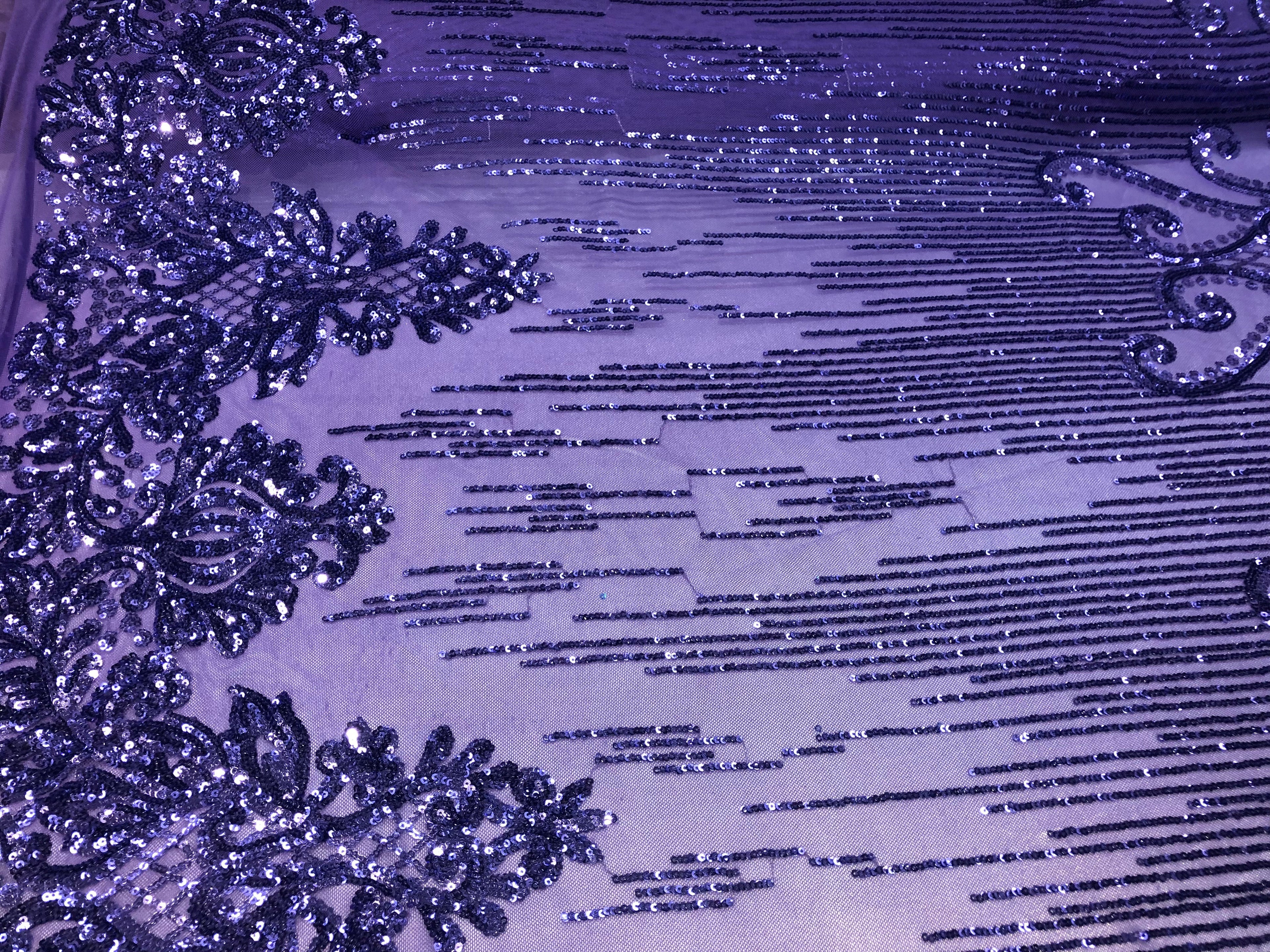4 Way Stretch - Lilac - Damask Net Design Sequins On Mesh Elegant Fashion Fabrics Sold By Yard