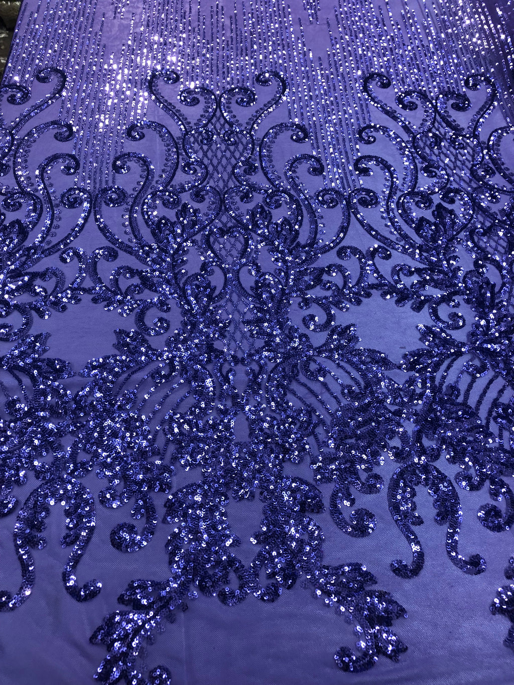 4 Way Stretch - Lilac - Damask Net Design Sequins On Mesh Elegant Fashion Fabrics Sold By Yard